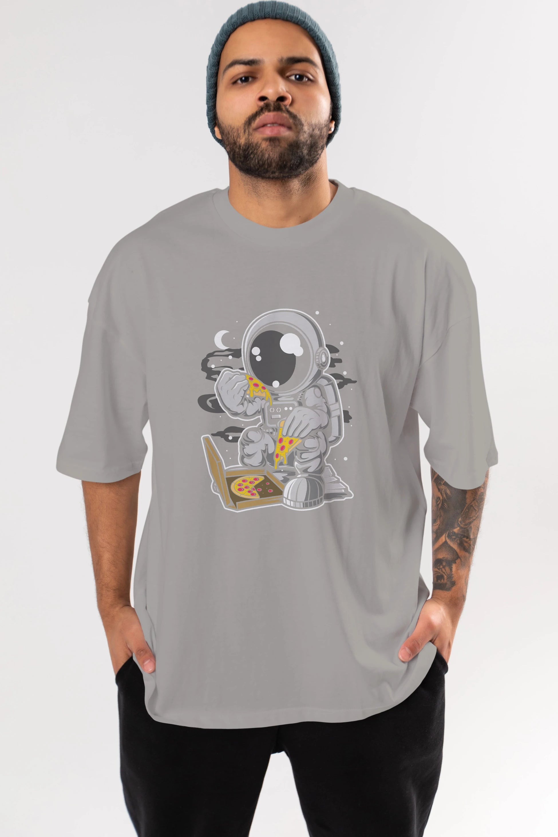 Astronaut Pizza Ön Baskılı Oversize t-shirt Erkek Kadın Unisex
