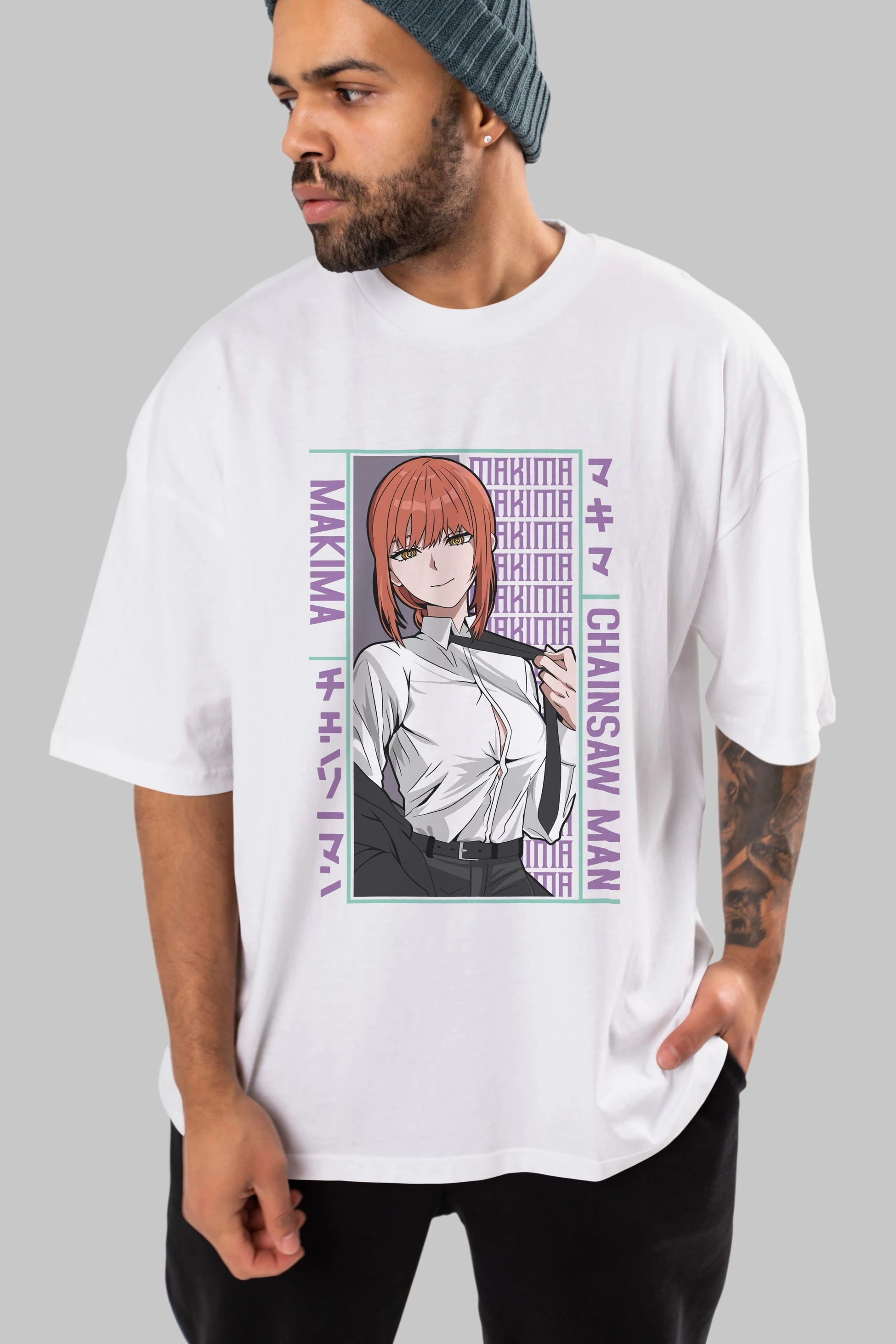 Makima Chain Saw Man Anime Ön Baskılı Oversize t-shirt %100 pamuk Erkek Kadın Unisex