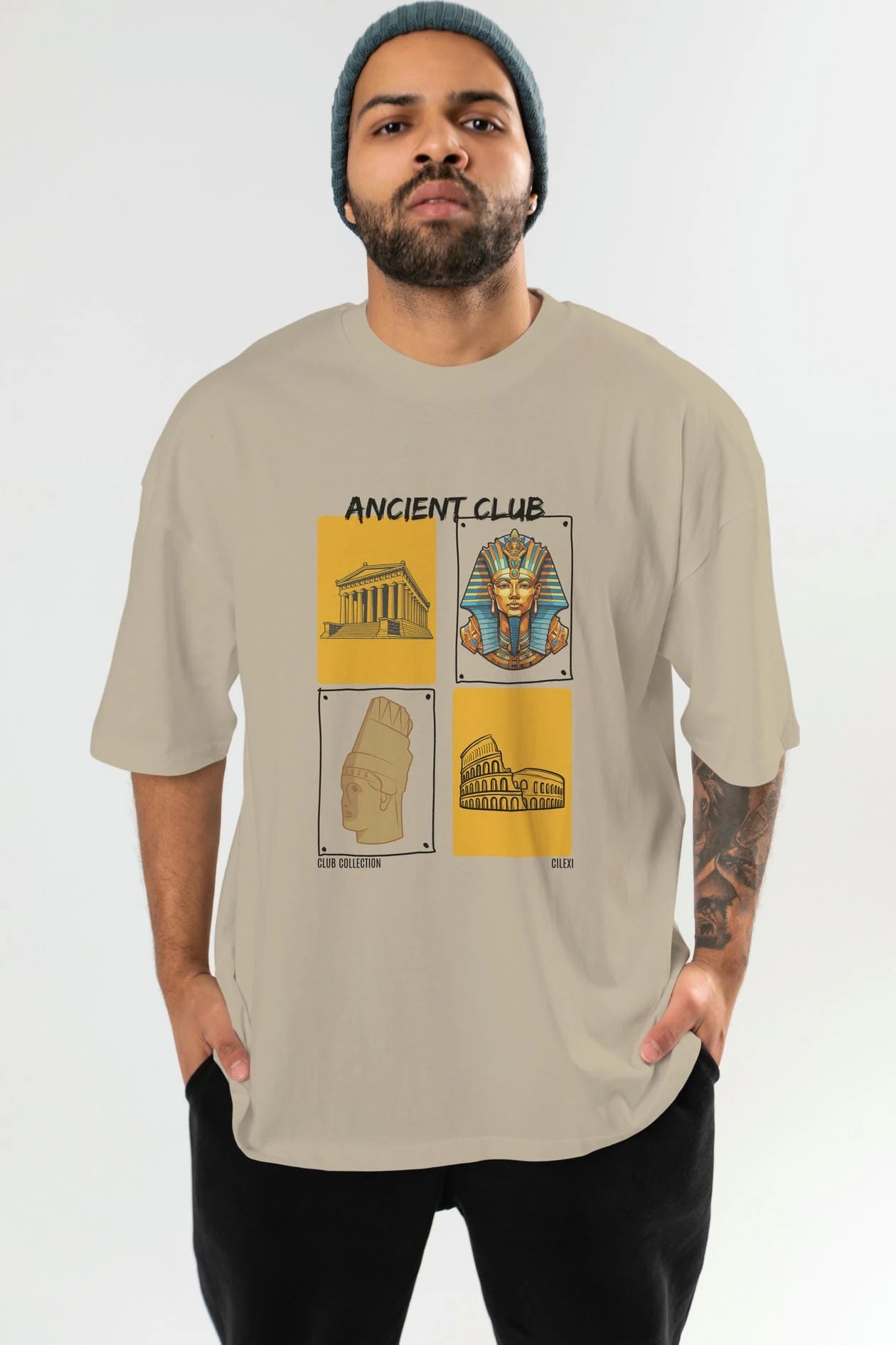 Ancient Club ön Baskılı Oversize t-shirt Erkek Kadın %100 Pamuk Bisiklet Yaka tişort