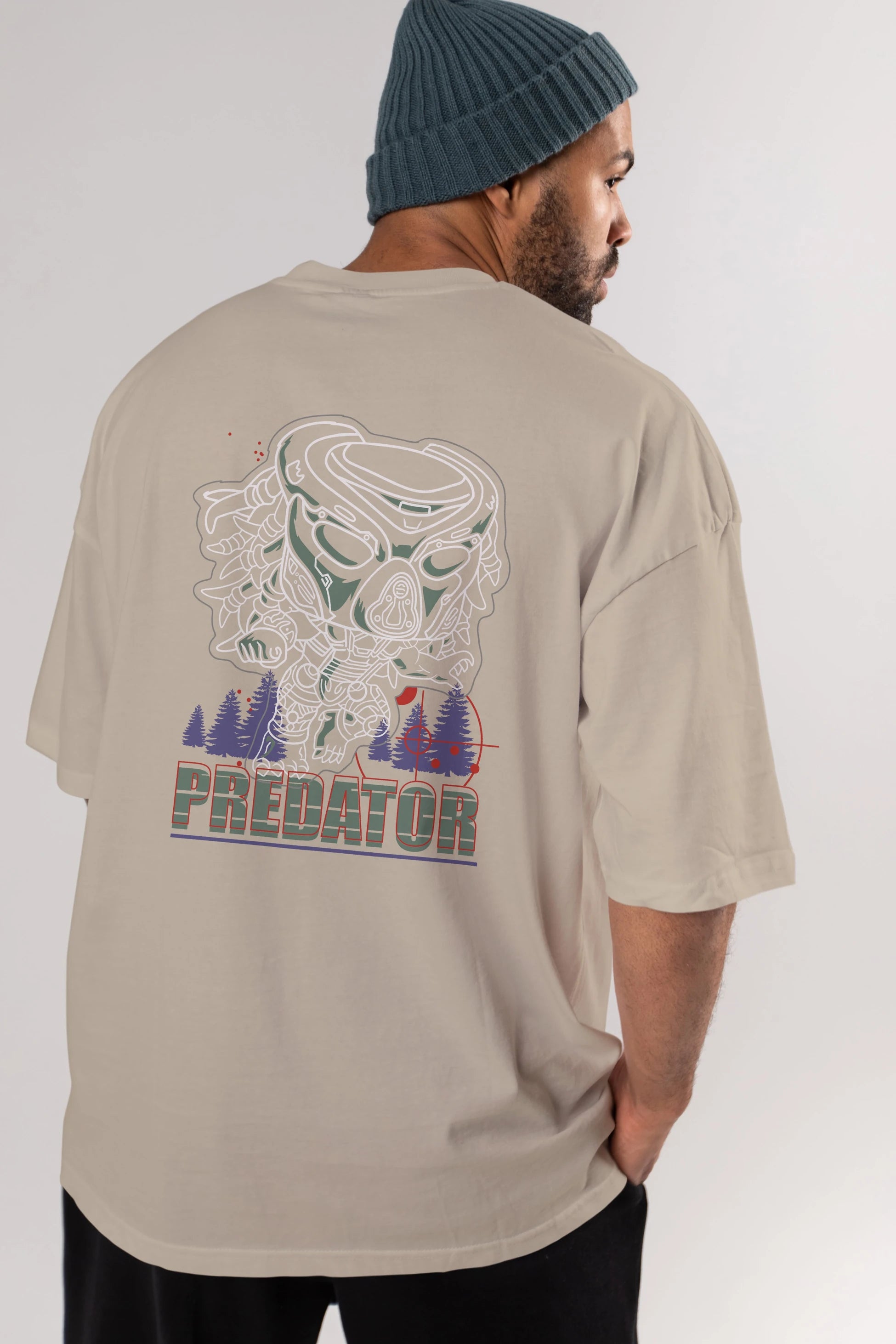 Predator Arka Baskılı Oversize t-shirt Erkek Kadın Unisex %100 Pamuk Bisiklet Yaka tişort