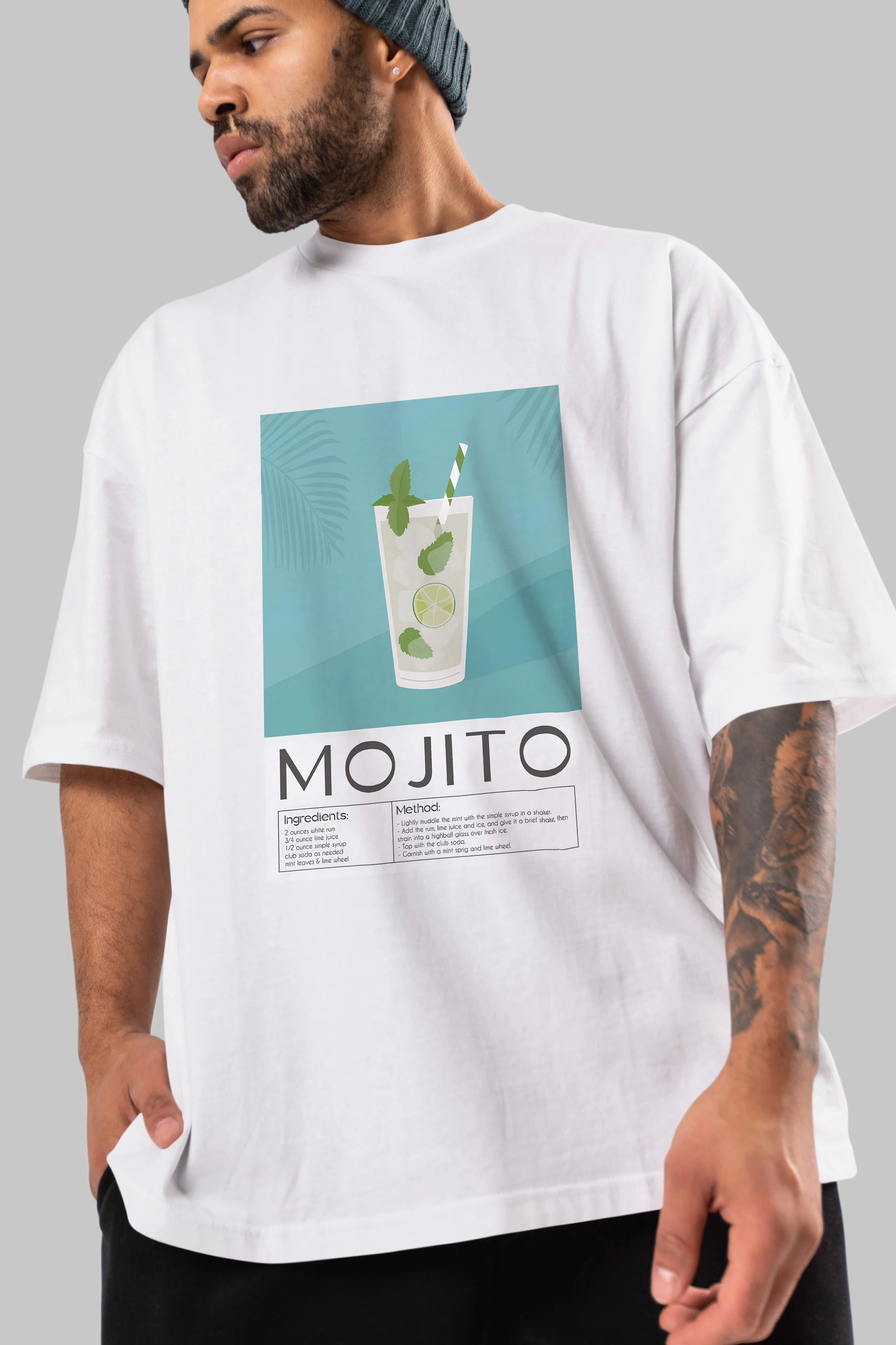 Mojito 4 Ön Baskılı Oversize t-shirt Erkek Kadın Unisex %100 Pamuk Bisiklet Yaka tişort