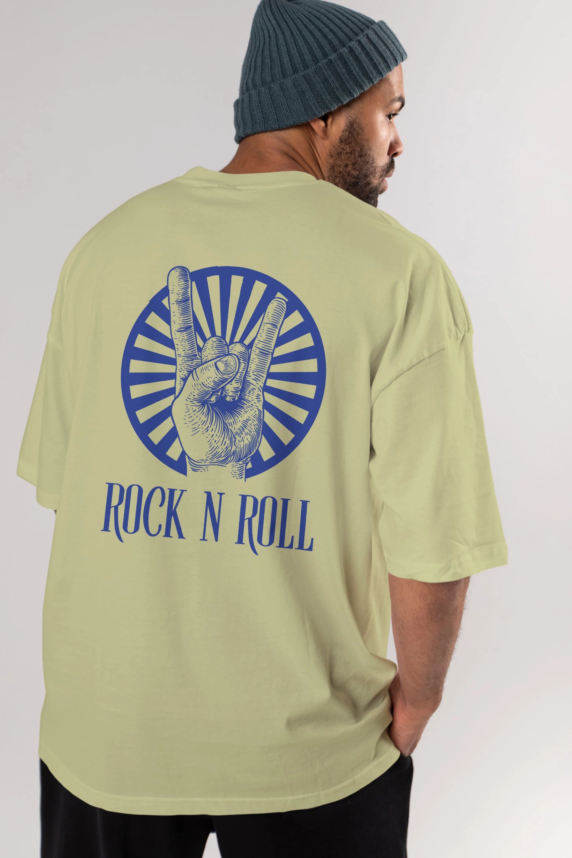 Rock N Roll Yazılı Arka Baskılı Oversize t-shirt Erkek Kadın Unisex