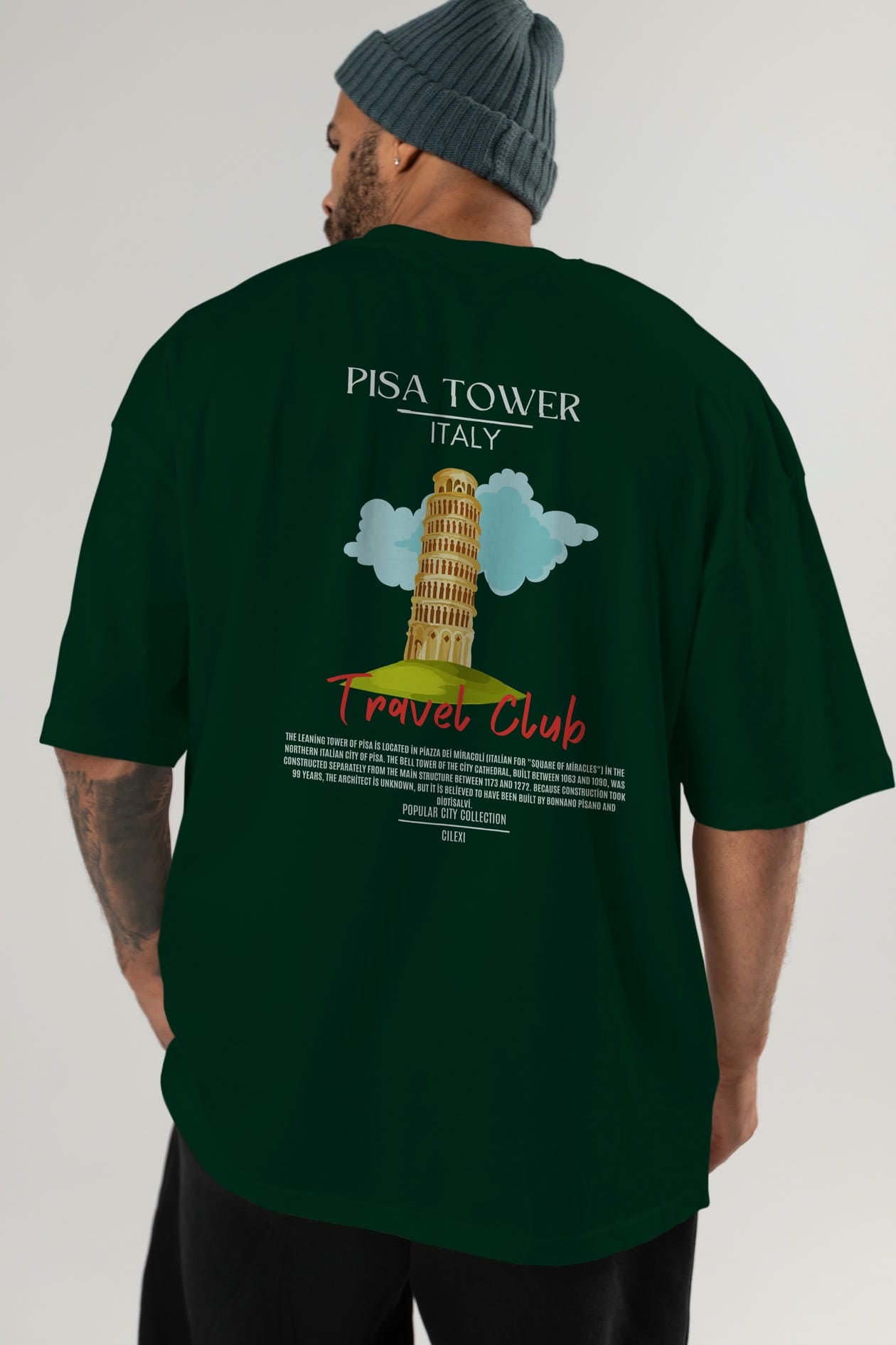 Pisa Tower İtaly Arka Baskılı Oversize t-shirt Erkek Kadın Pamuk Bisiklet Yaka tişort