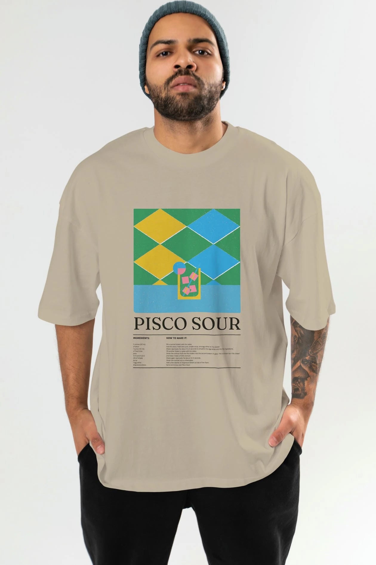 Pisco Sour Kokteyl Ön Baskılı Oversize t-shirt Erkek Kadın %100 Pamuk Bisiklet Yaka tişort