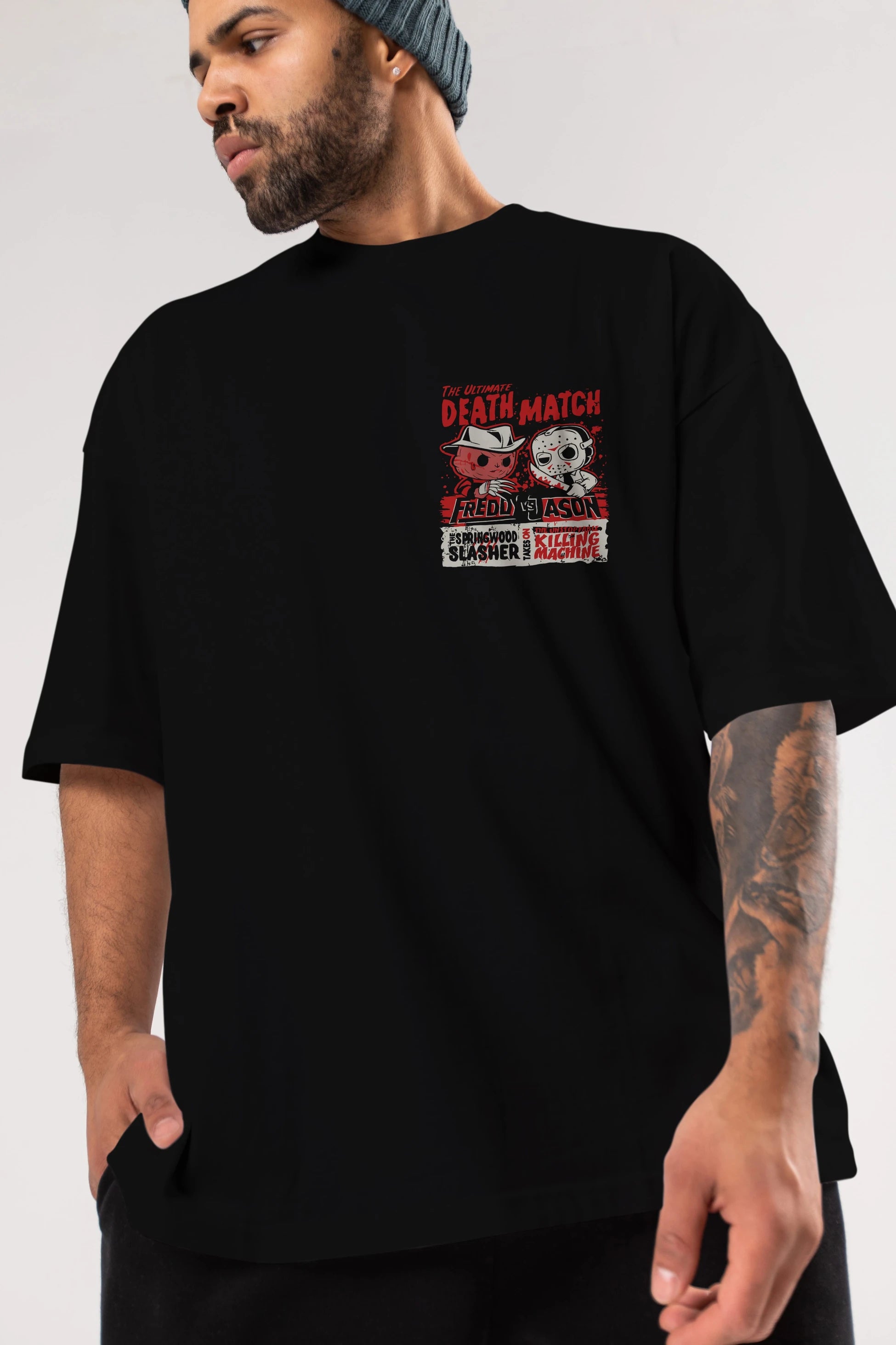 Freddy vs Jason Ön Sol Baskılı Oversize t-shirt Erkek Kadın Unisex %100 Pamuk Bisiklet Yaka tişort