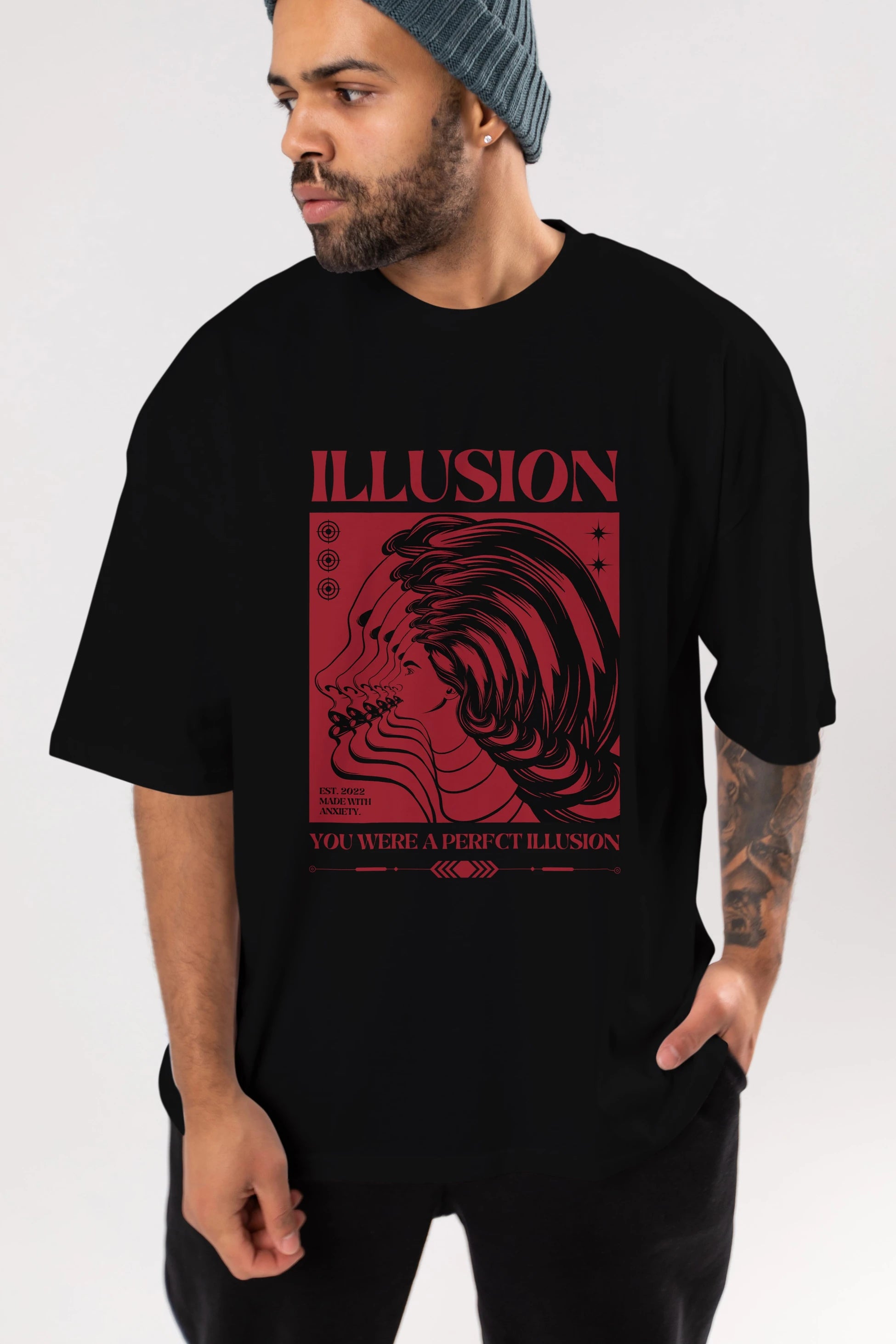 Illusion Streetwear Ön Baskılı Oversize t-shirt Erkek Kadın Unisex