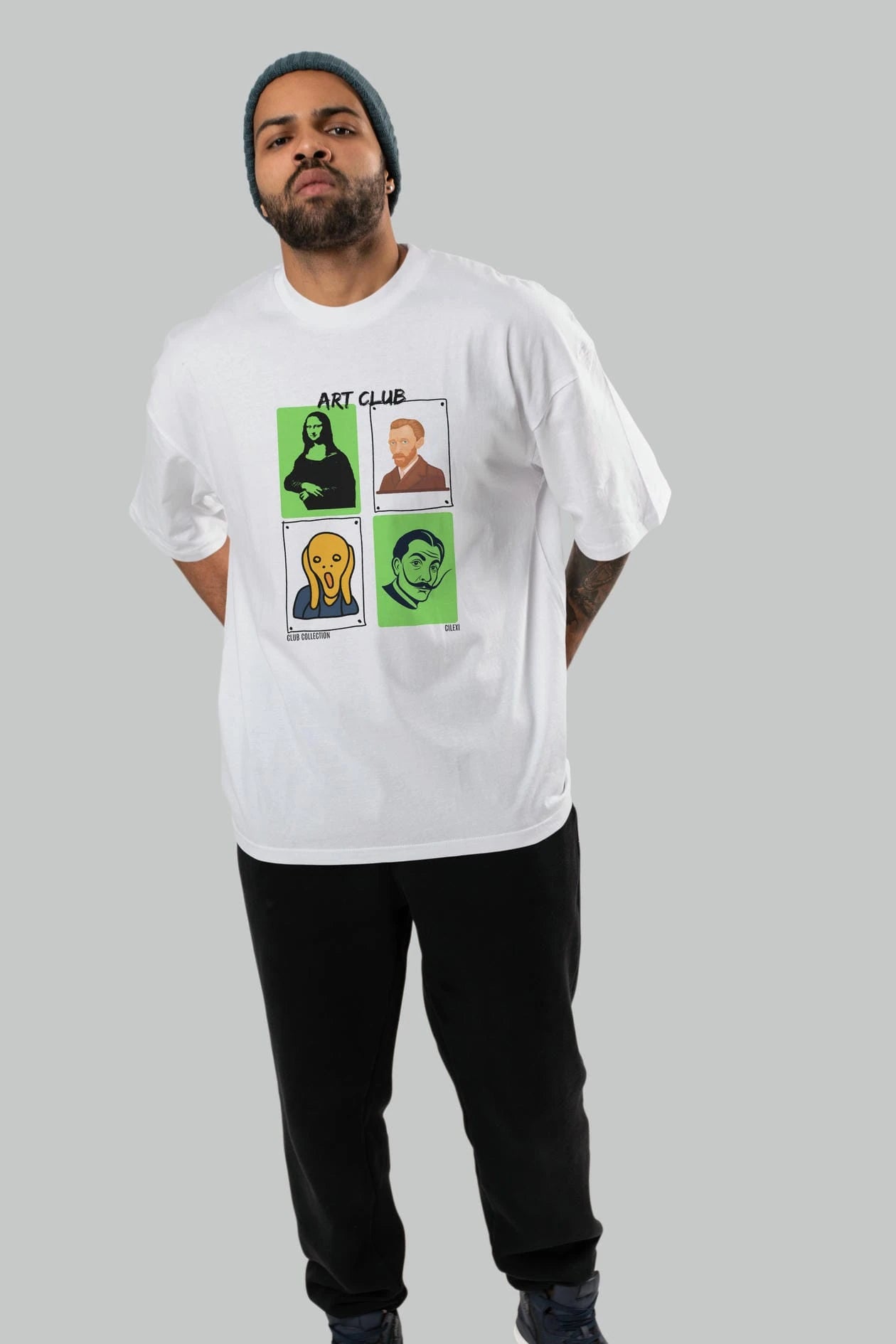 Art Club ön Baskılı Oversize t-shirt Erkek Kadın %100 Pamuk Bisiklet Yaka tişort