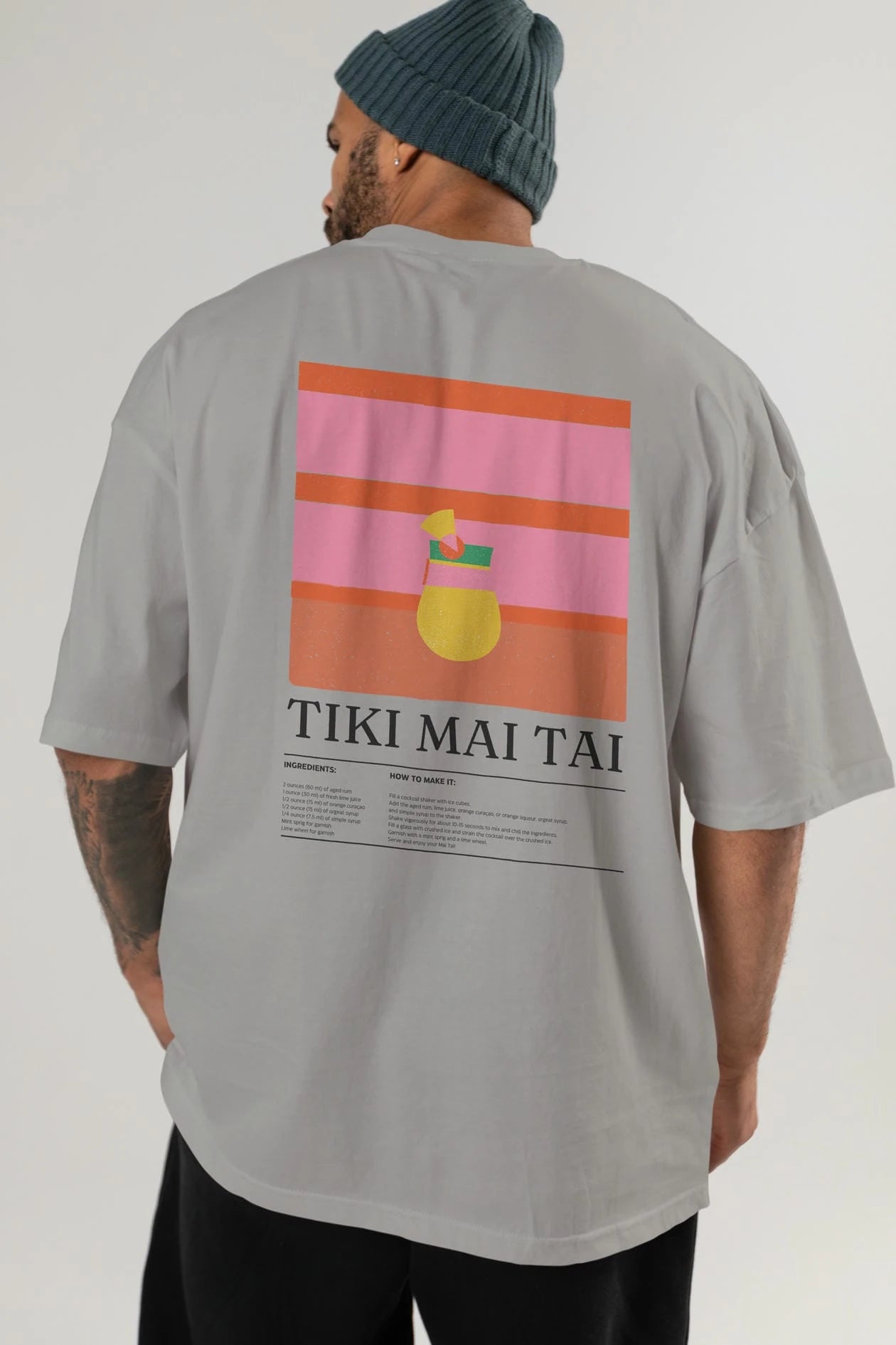 Tiki Mai Tai Kokteyl Serisi Arka Baskılı Oversize t-shirt Erkek Kadın %100 Pamuk Bisiklet Yaka tişort
