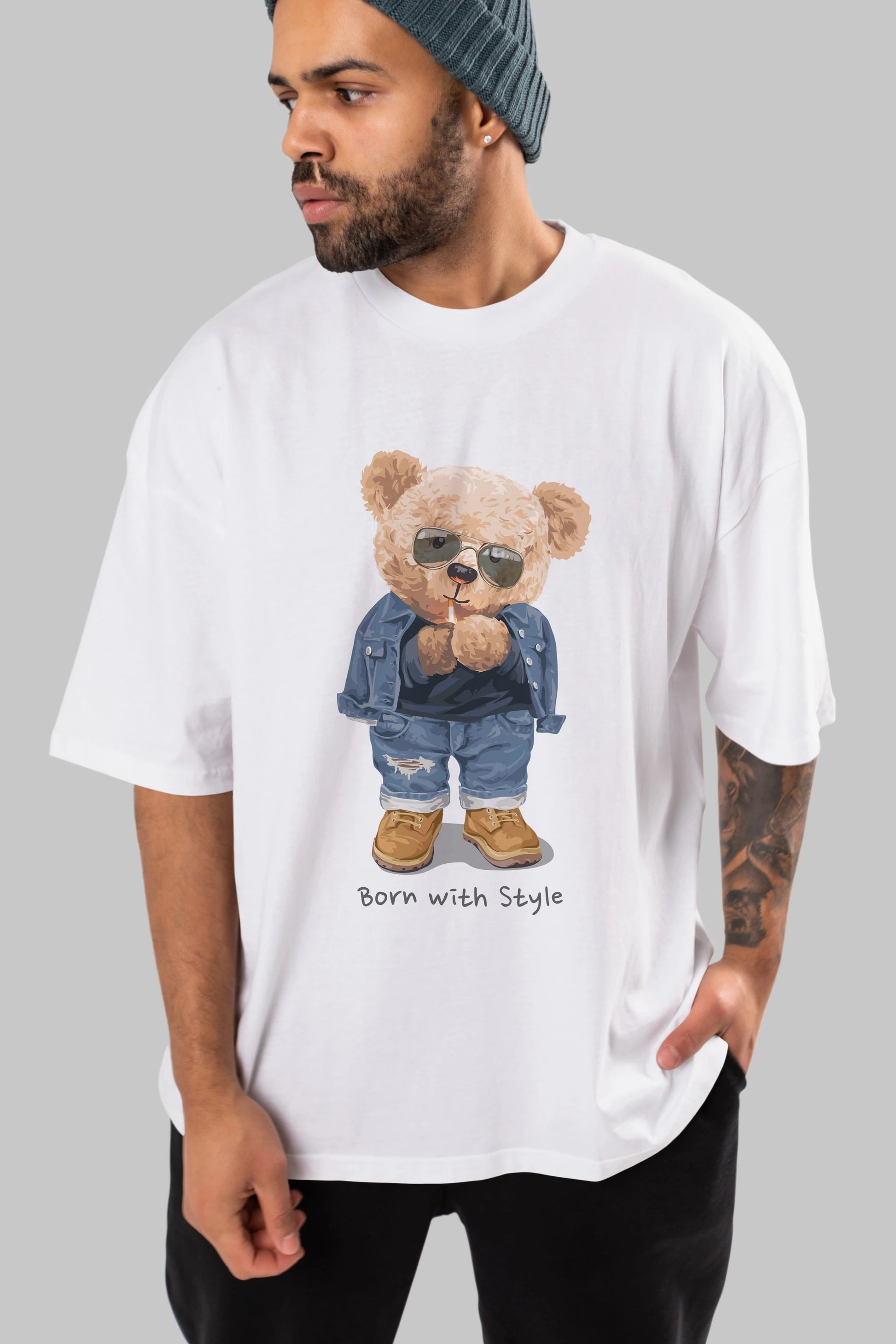 Teddy Bear Born With Style Ön Baskılı Oversize t-shirt Erkek Kadın Unisex %100 Pamuk