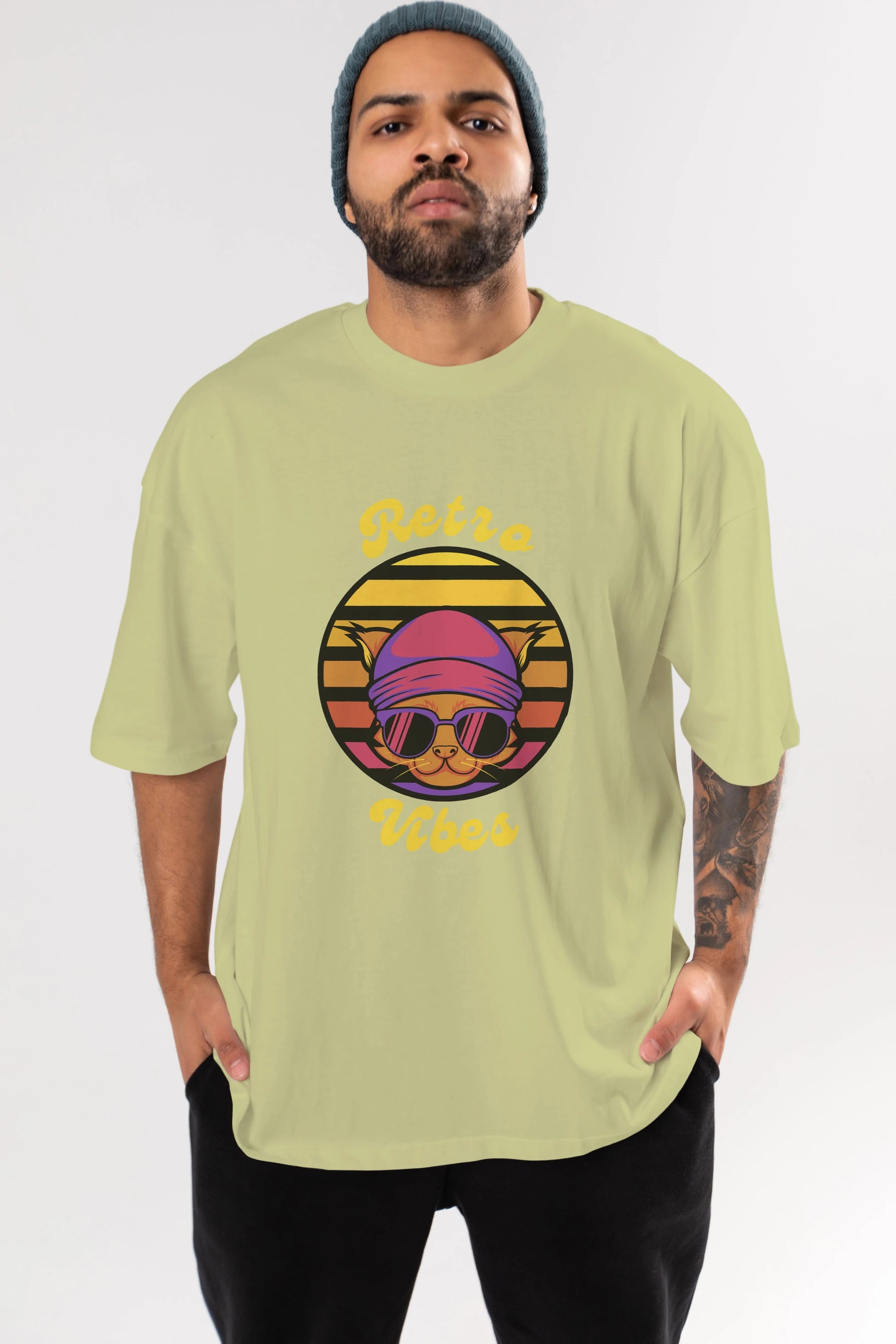 Cat Retro Vibes Ön Baskılı Oversize t-shirt Erkek Kadın Unisex