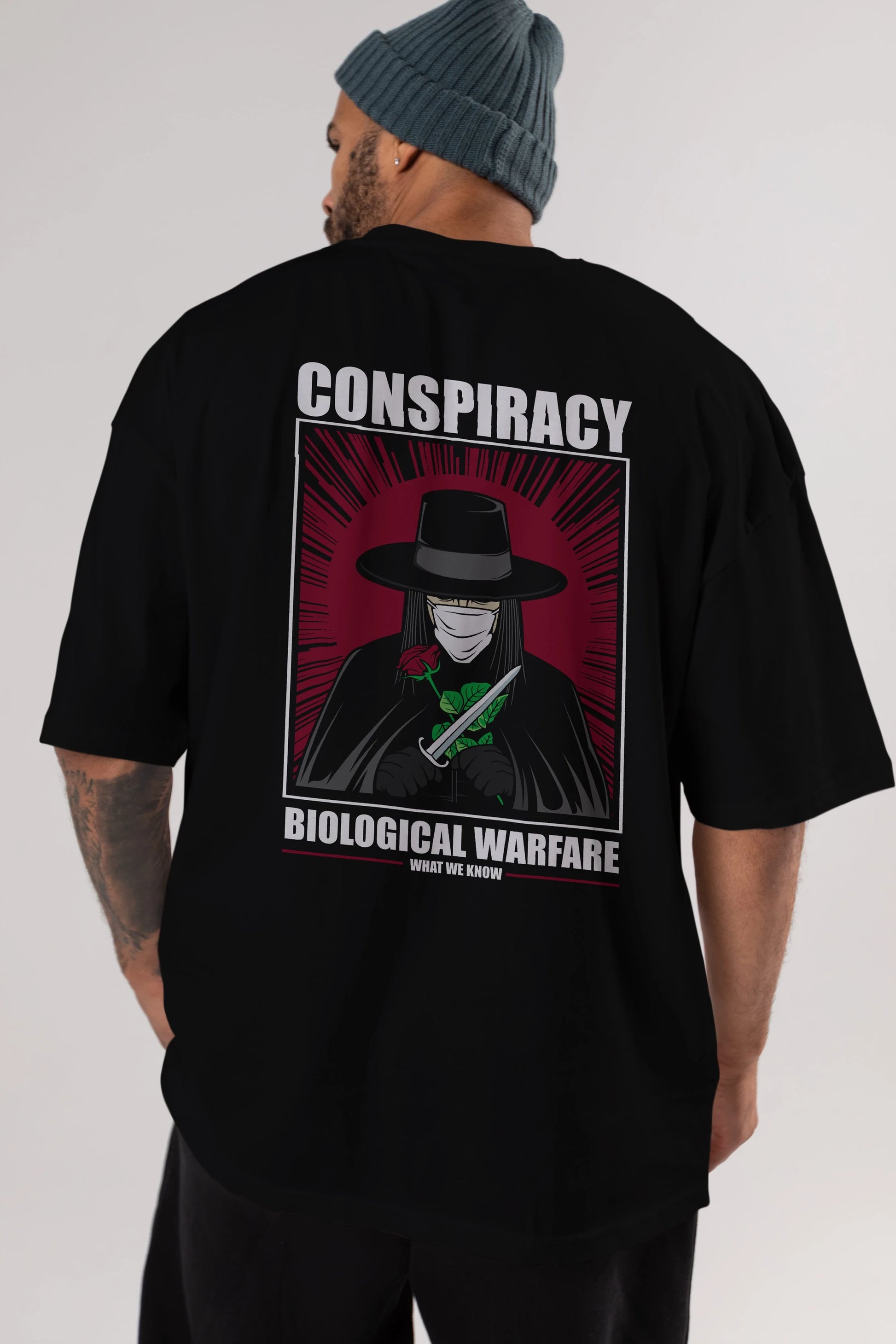Vendetta Masker Arka Baskılı Oversize t-shirt Erkek Kadın Unisex %100 Pamuk tişort