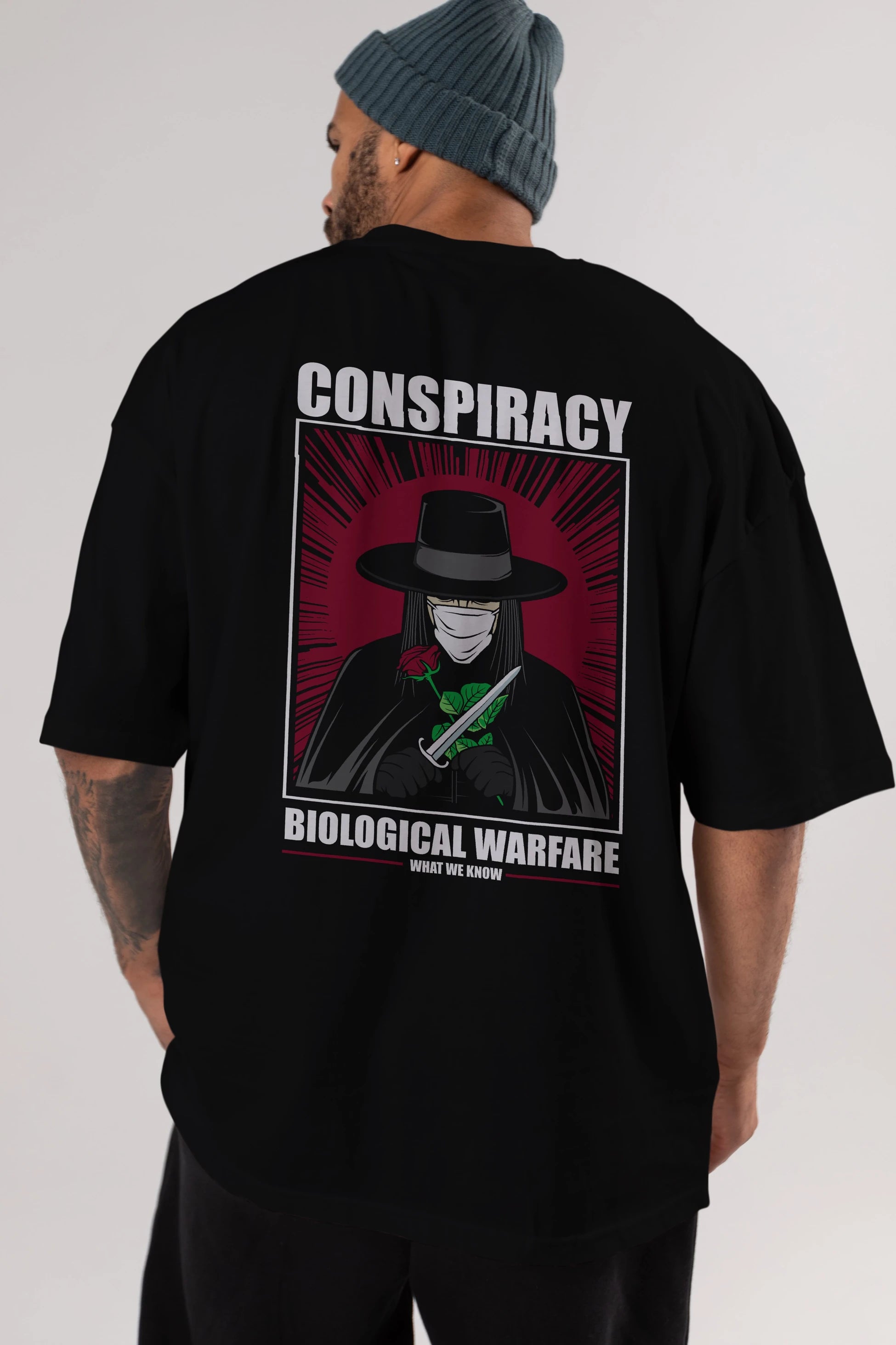 Vendetta Masker Arka Baskılı Oversize t-shirt Erkek Kadın Unisex %100 Pamuk tişort