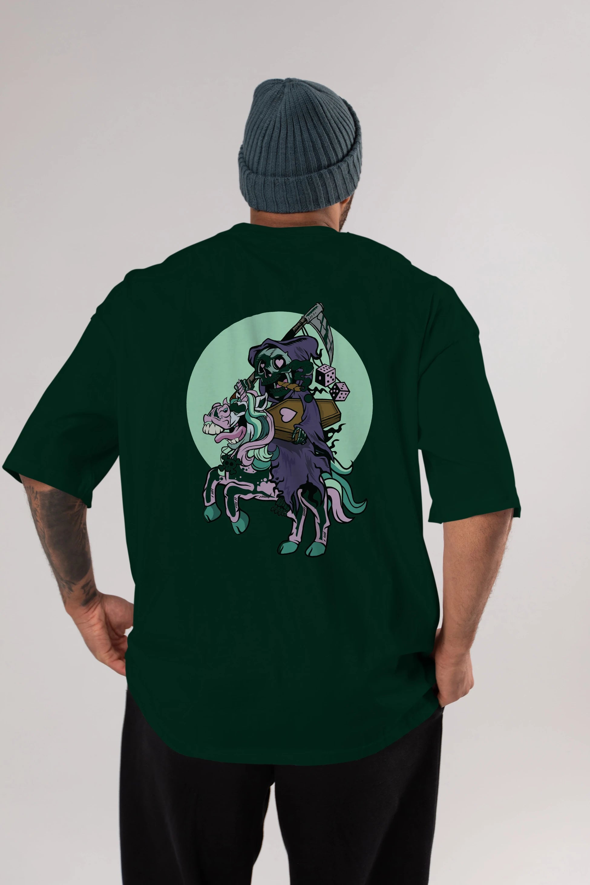 Grim Reaper Riding Unicorn Arka Baskılı Oversize t-shirt Erkek Kadın Unisex %100 Pamuk tişort