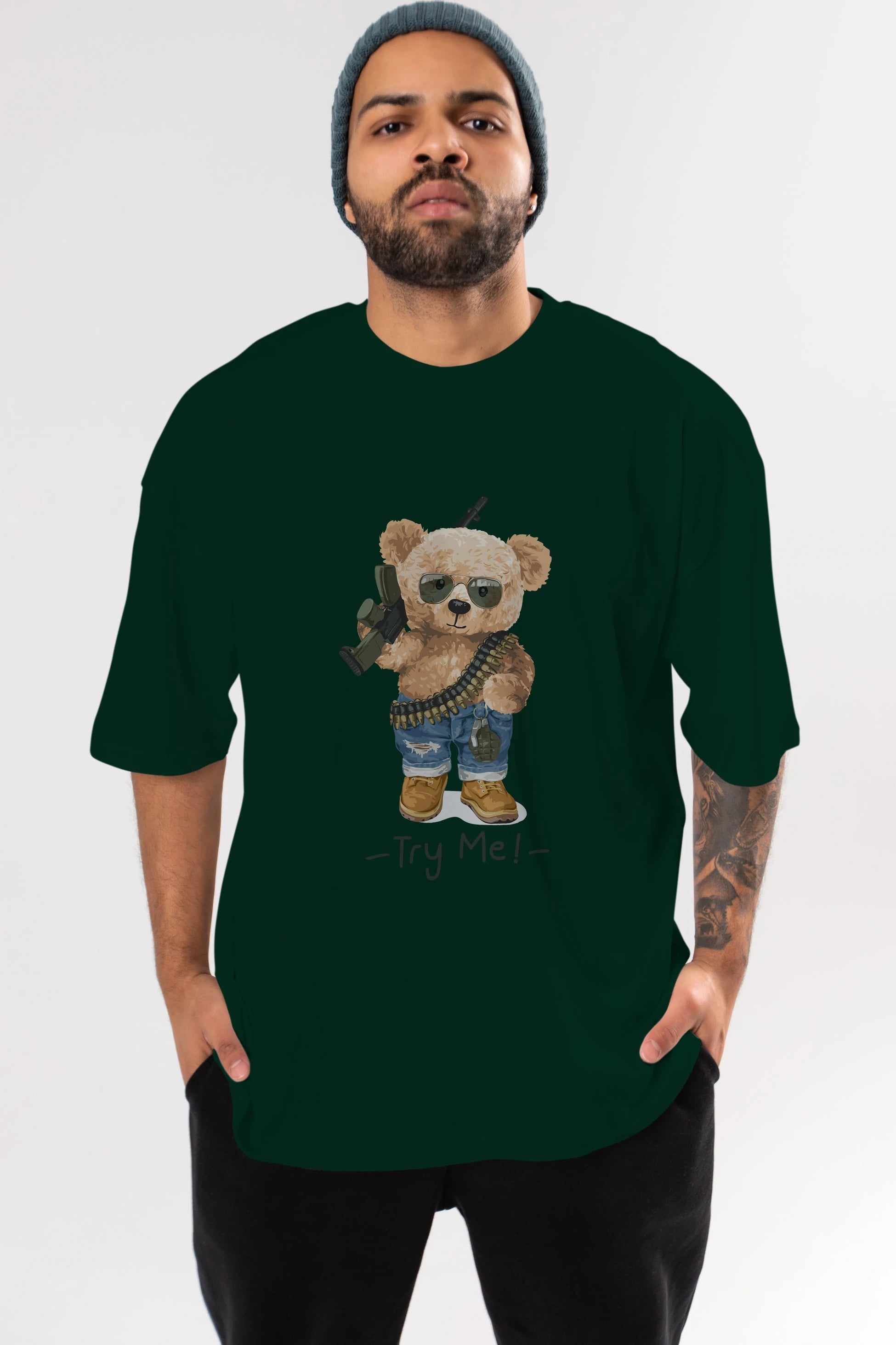 Teddy Bear Try Me Ön Baskılı Oversize t-shirt Erkek Kadın Unisex %100 Pamuk