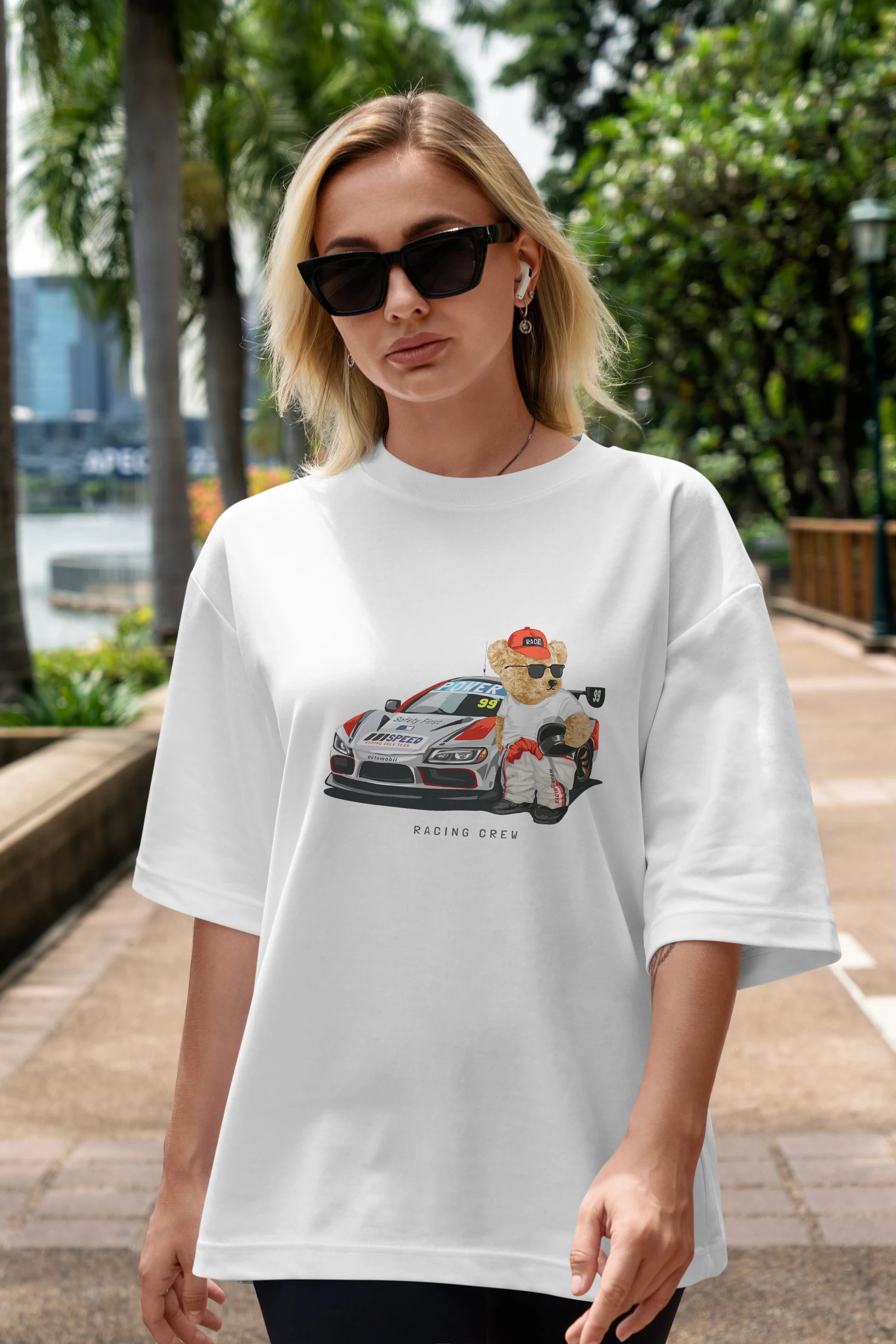 Teddy Bear Racing Crew Ön Baskılı Oversize t-shirt Erkek Kadın Unisex %100 Pamuk