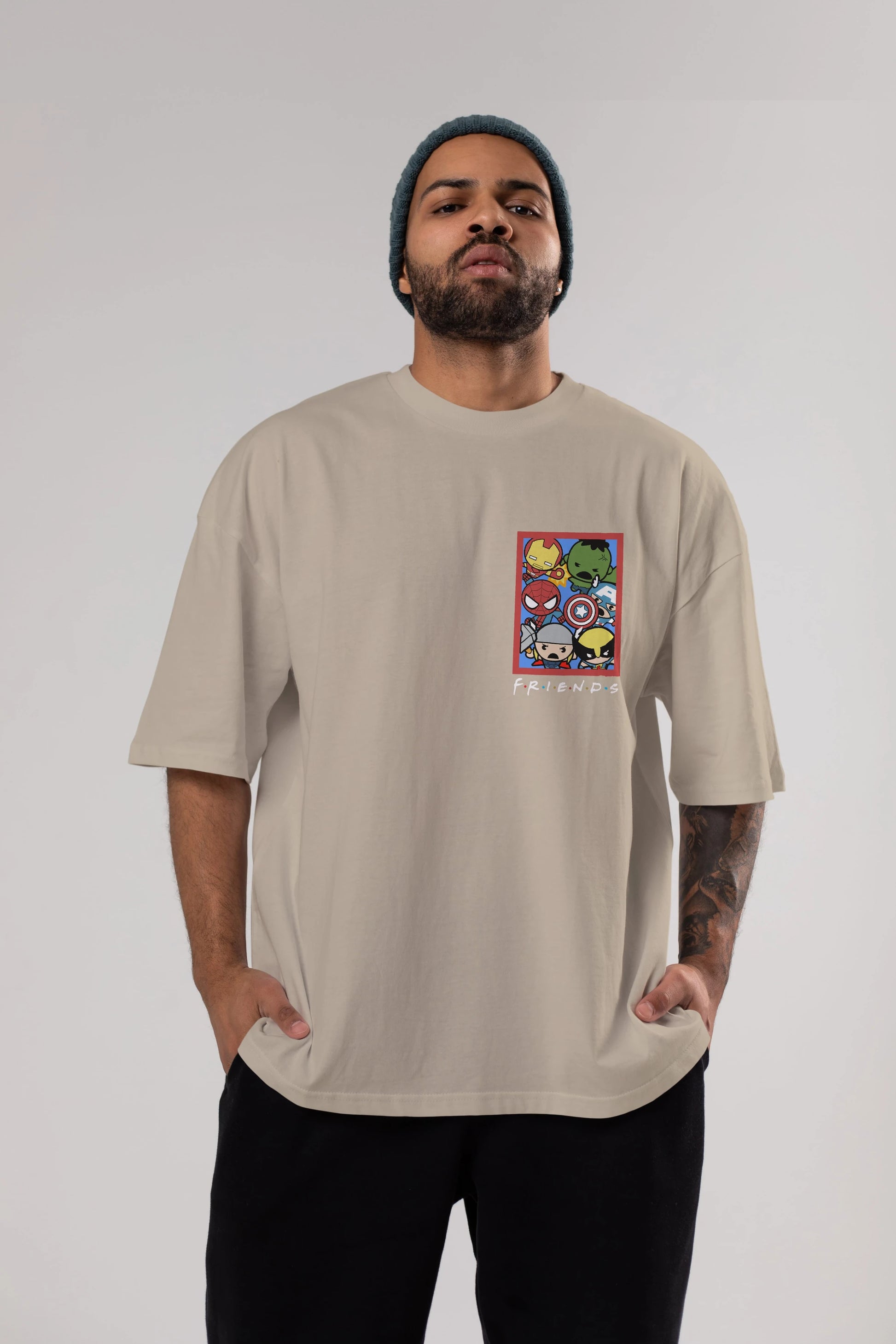 Friends Avenger Ön Sol Baskılı Oversize t-shirt Erkek Kadın Unisex %100 Pamuk Bisiklet Yaka tişort