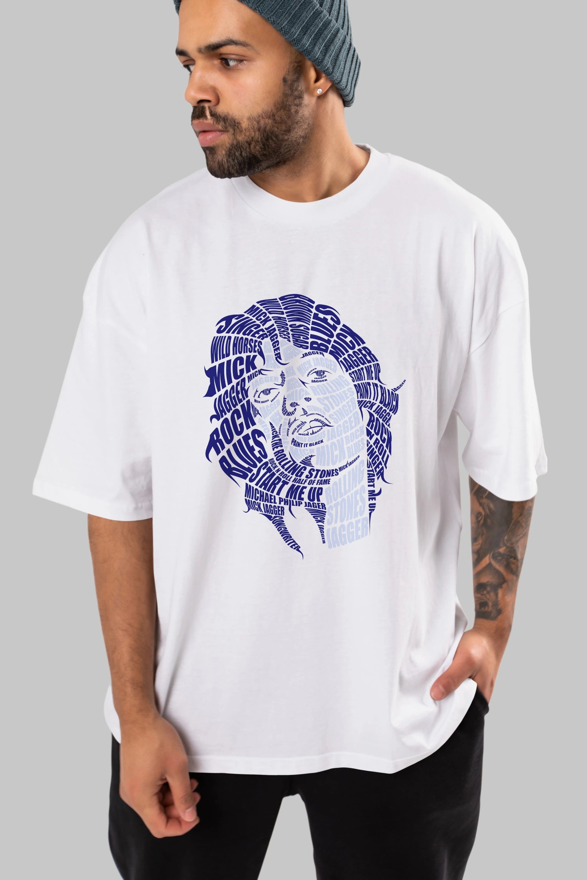 Mick Jagger Calligram Ön Baskılı Oversize t-shirt %100 pamuk Erkek Kadın Unisex