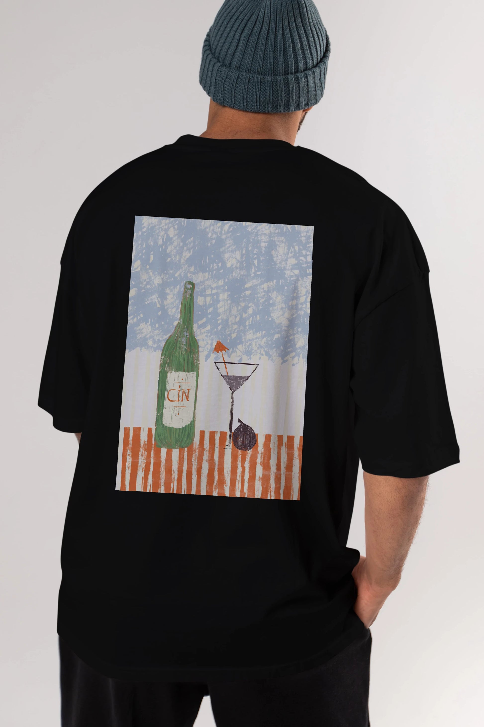 Gin Arka Baskılı Oversize t-shirt Erkek Kadın Unisex %100 Pamuk Bisiklet Yaka tişort