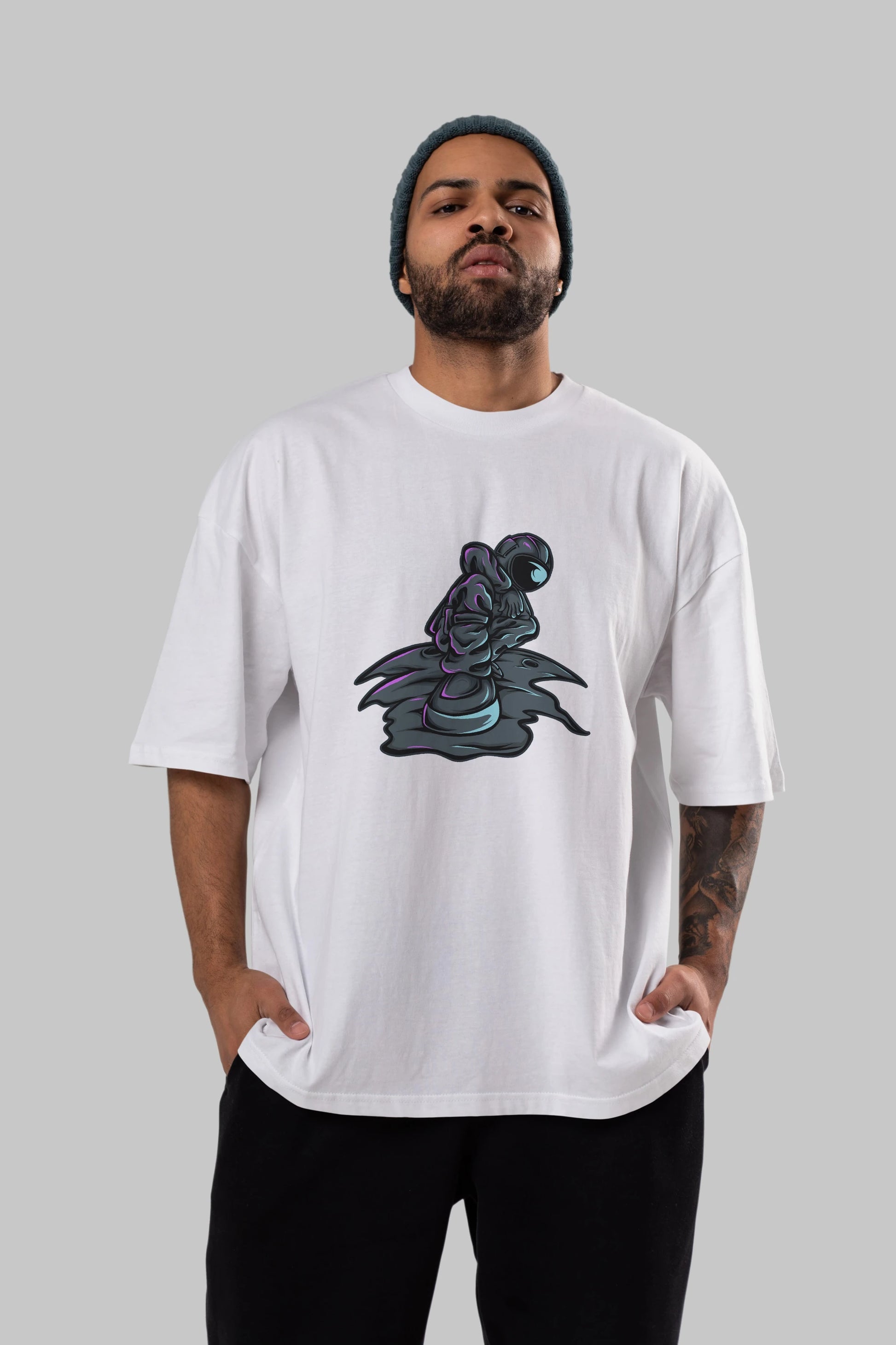 Stylish Astronaut Ön Baskılı Oversize t-shirt Erkek Kadın Unisex