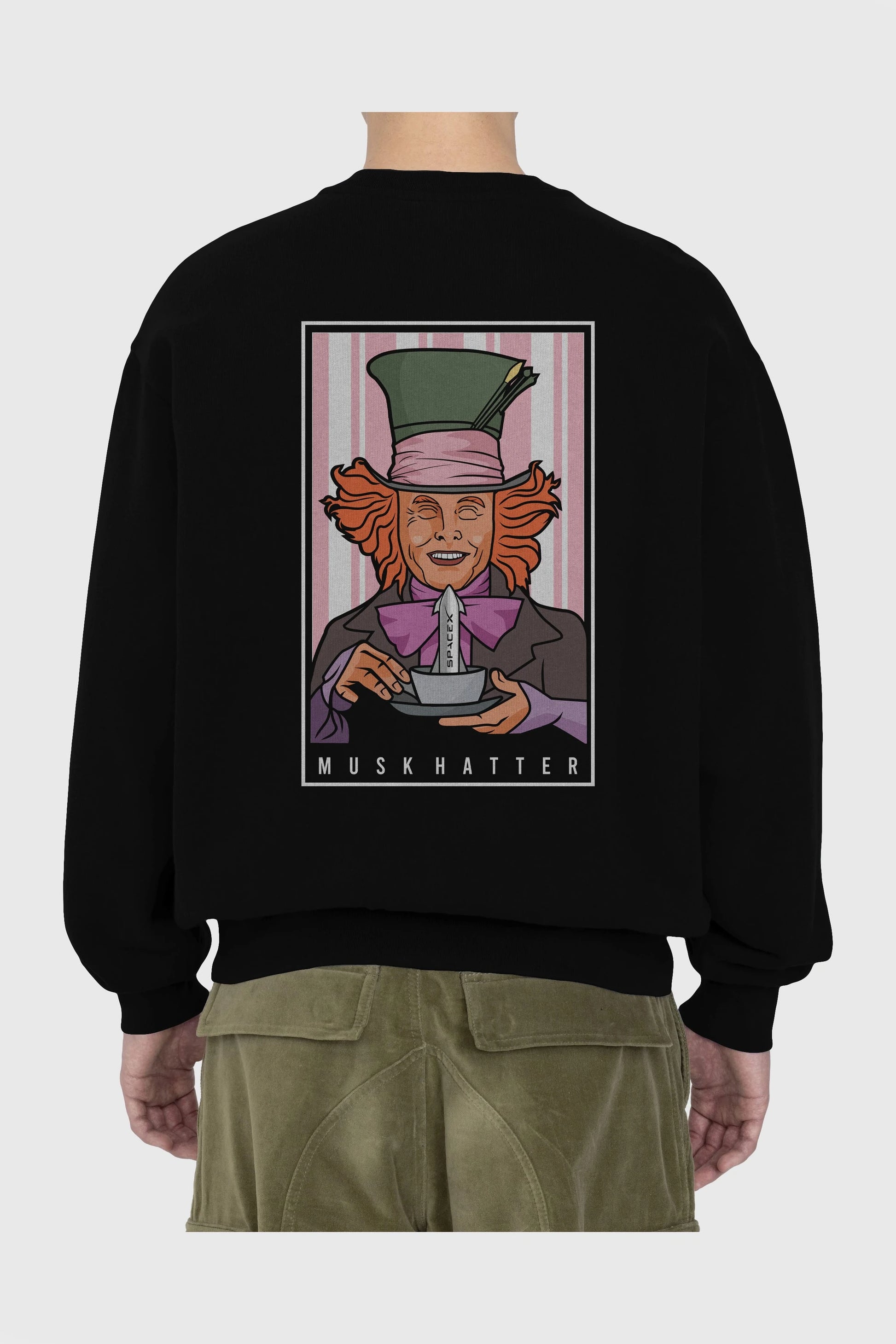 Mad Hatter Elon Musk Arka Baskılı Oversize Sweatshirt Erkek Kadın Unisex