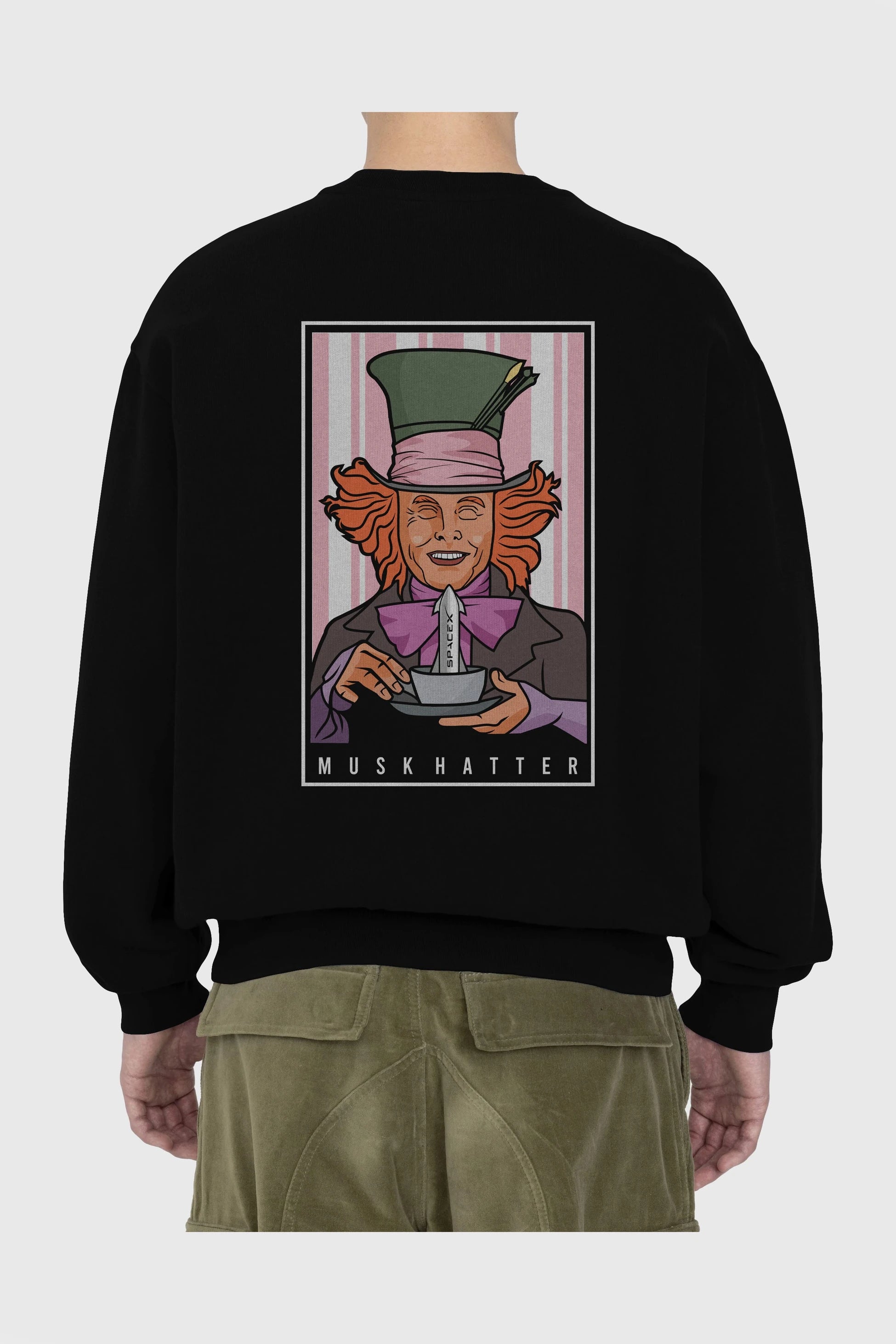 Mad Hatter Elon Musk Arka Baskılı Oversize Sweatshirt Erkek Kadın Unisex