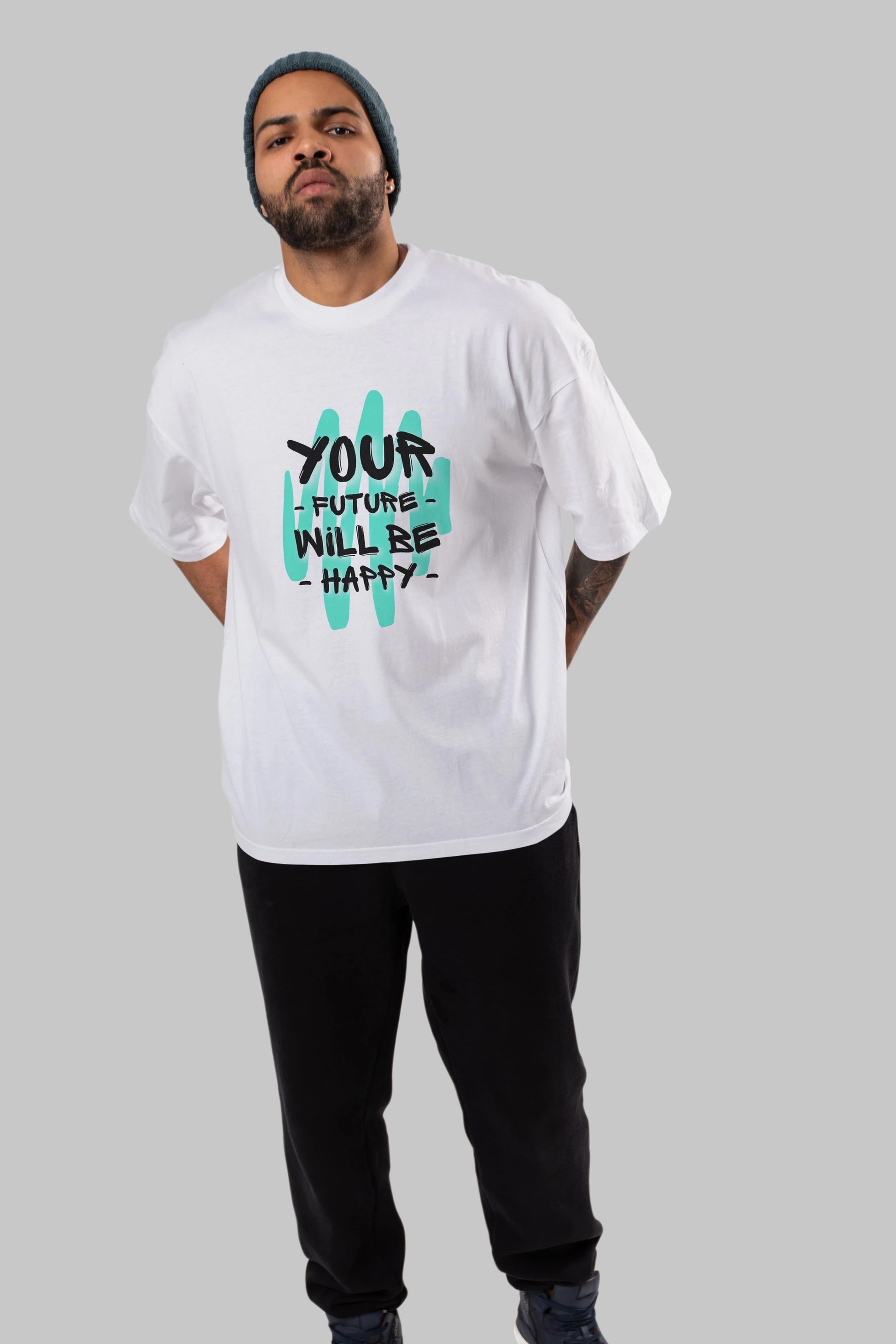 Your Future Will be Happy Yazılı Ön Baskılı Oversize t-shirt Erkek Kadın Unisex