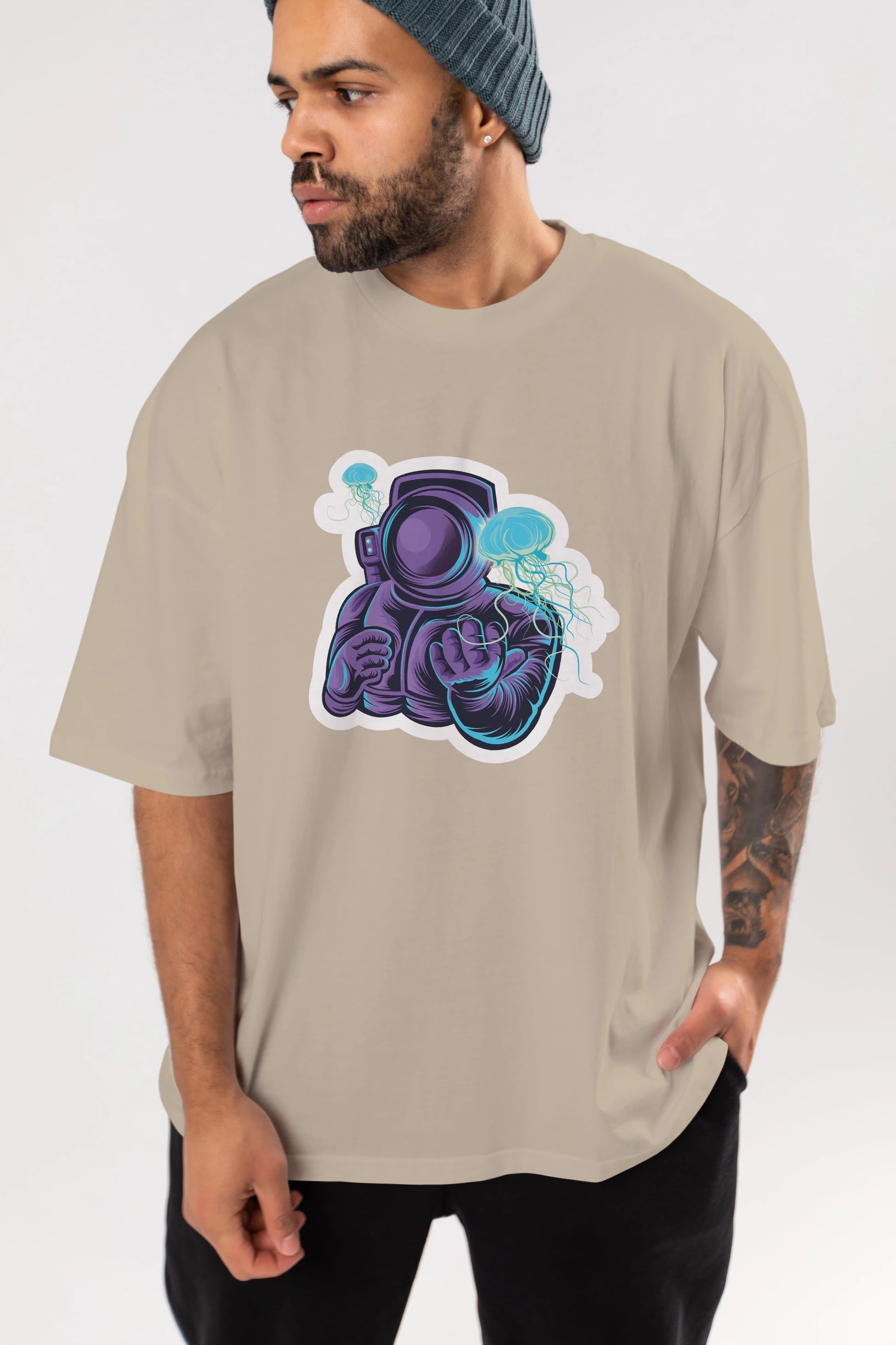 Astronaut and Jellyfish Sticker Ön Baskılı Oversize t-shirt Erkek Kadın Unisex