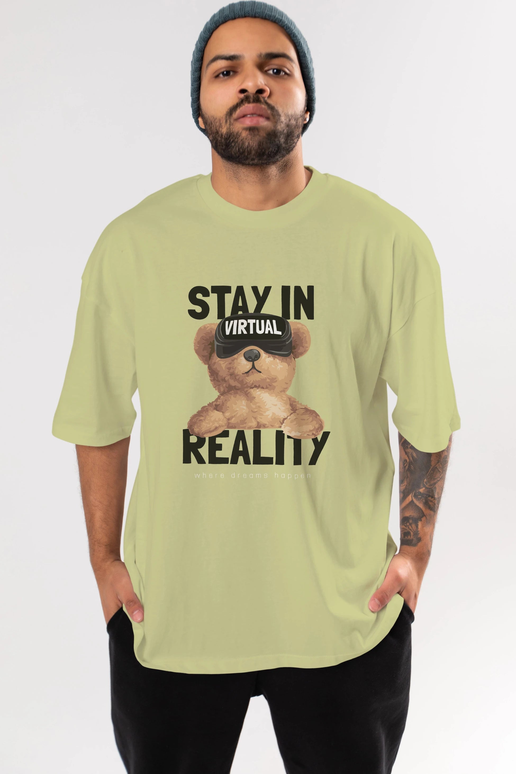 Teddy Stay In Reality Ön Baskılı Oversize t-shirt Erkek Kadın Unisex %100 Pamuk