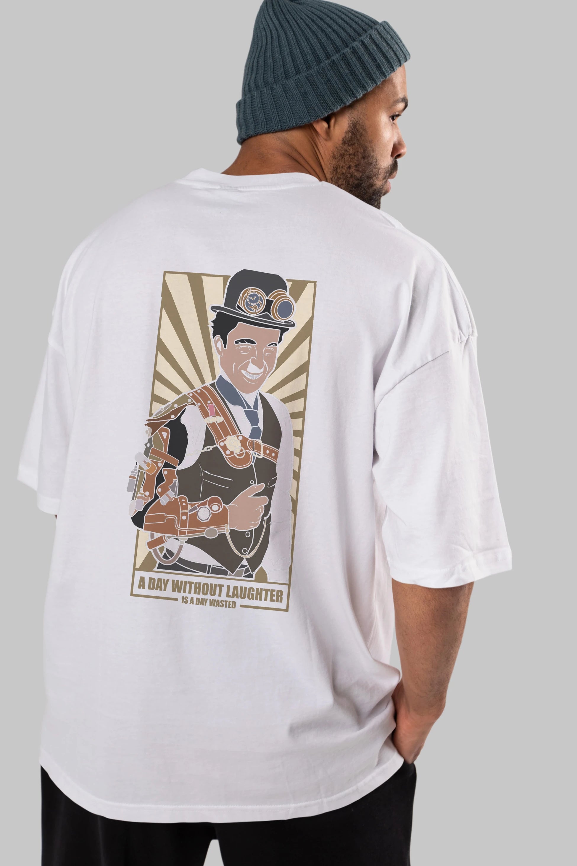 Steampunk Chaplin Arka Baskılı Oversize t-shirt Erkek Kadın Unisex %100 Pamuk tişort