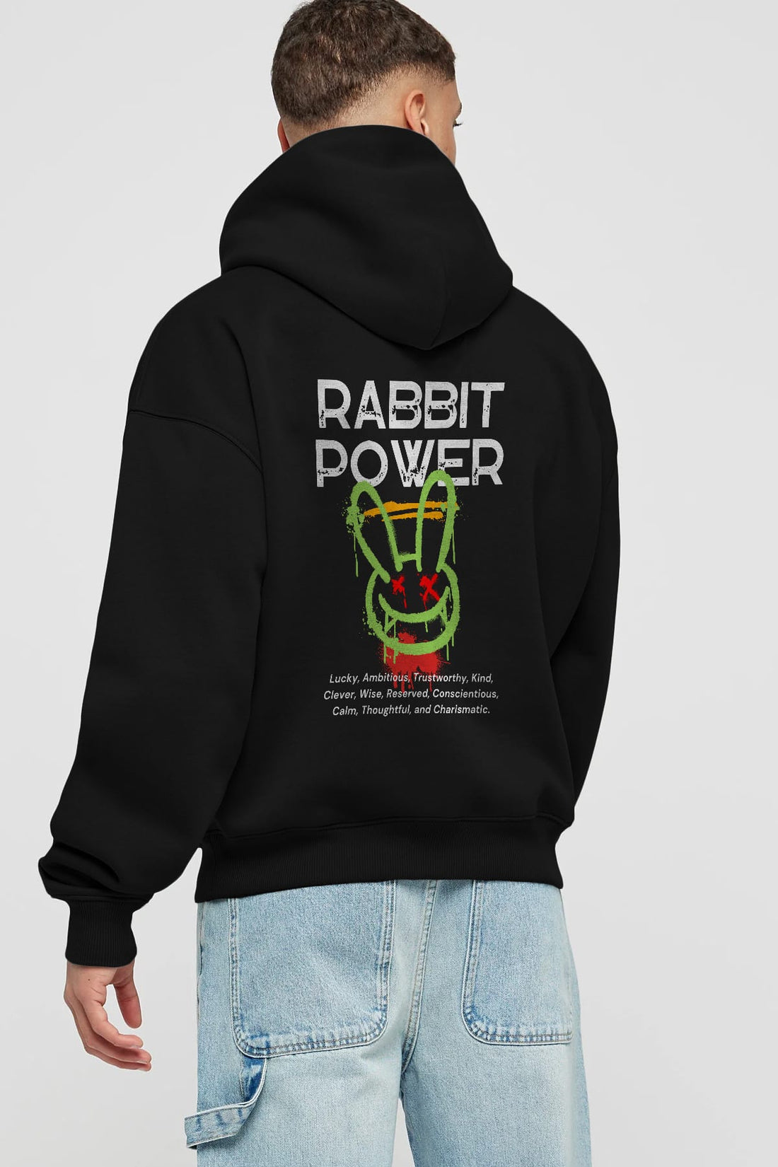 Rabbit Power Yazılı Arka Baskılı Oversize Hoodie Kapüşonlu Sweatshirt Erkek Kadın Unisex