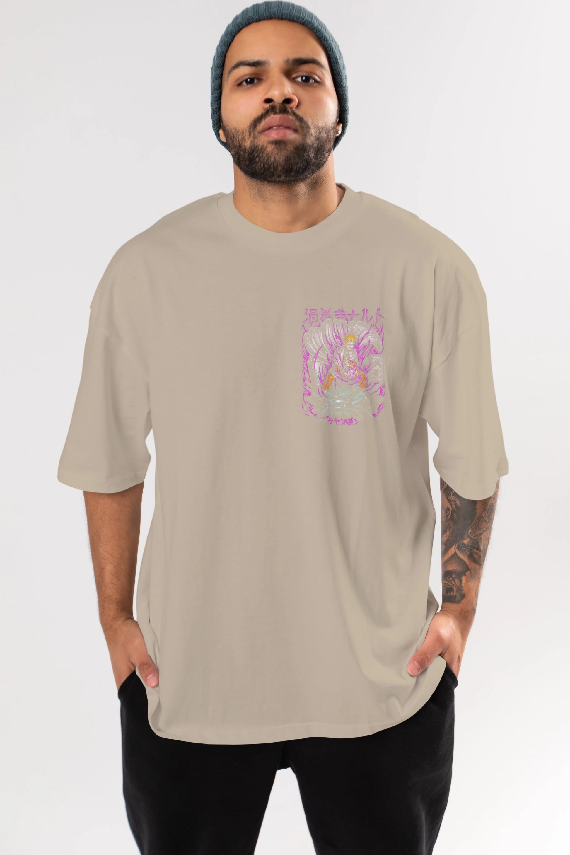 NARUTO Ön Sol Baskılı Oversize t-shirt Erkek Kadın Unisex %100 Pamuk Bisiklet Yaka tişort