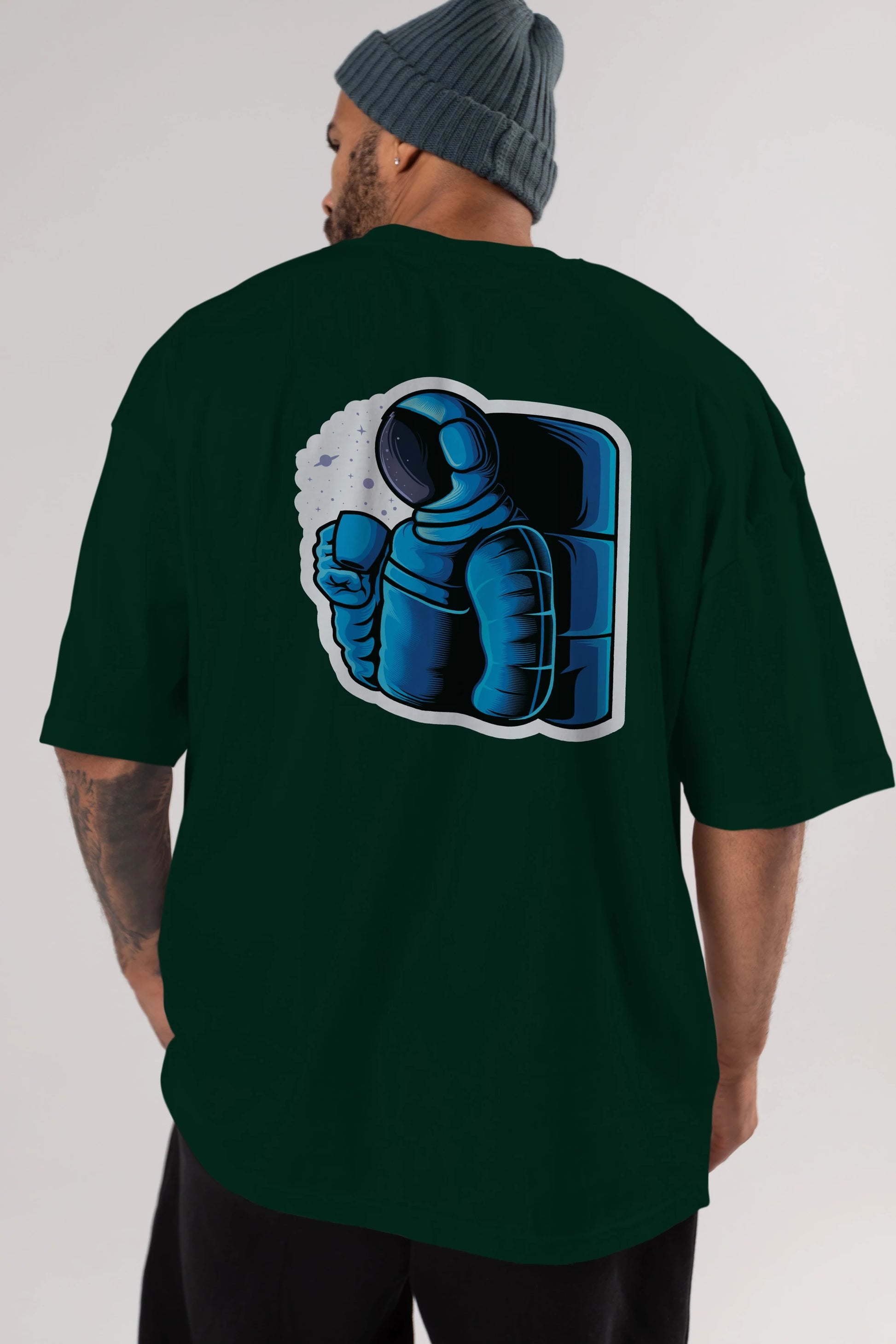 Drinking coffee in space sticker Arka Baskılı Oversize t-shirt Erkek Kadın Unisex