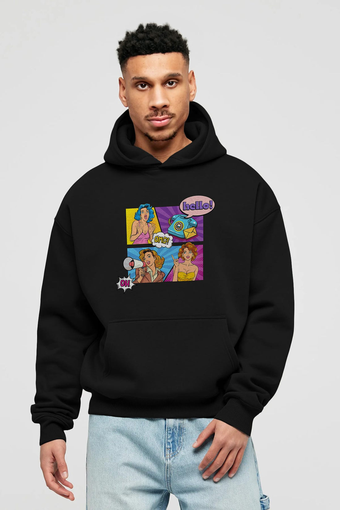 Hello OMG Ön Baskılı Oversize Hoodie Kapüşonlu Sweatshirt Erkek Kadın Unisex