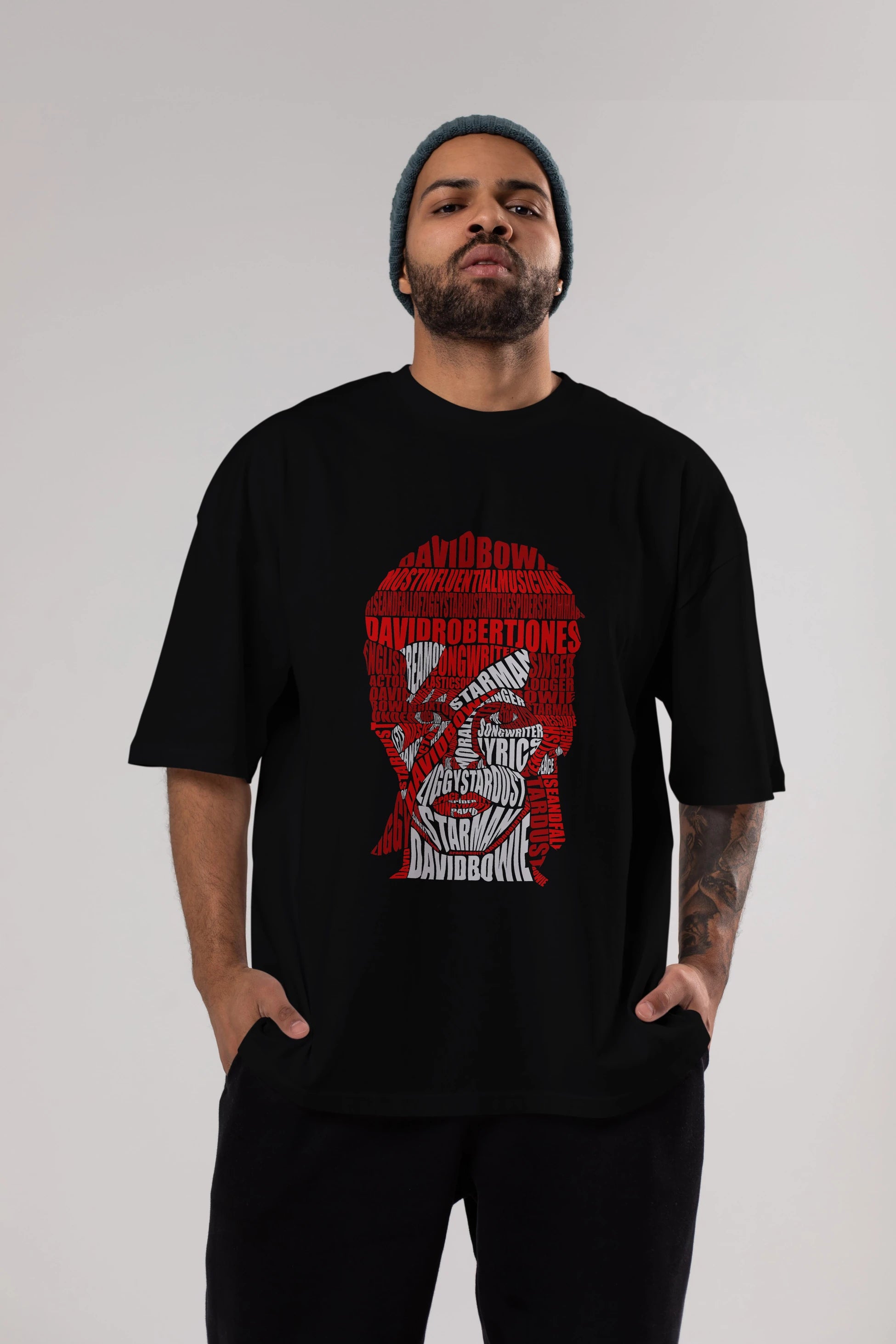 David Bowie Calligram Ön Baskılı Oversize t-shirt %100 pamuk Erkek Kadın Unisex