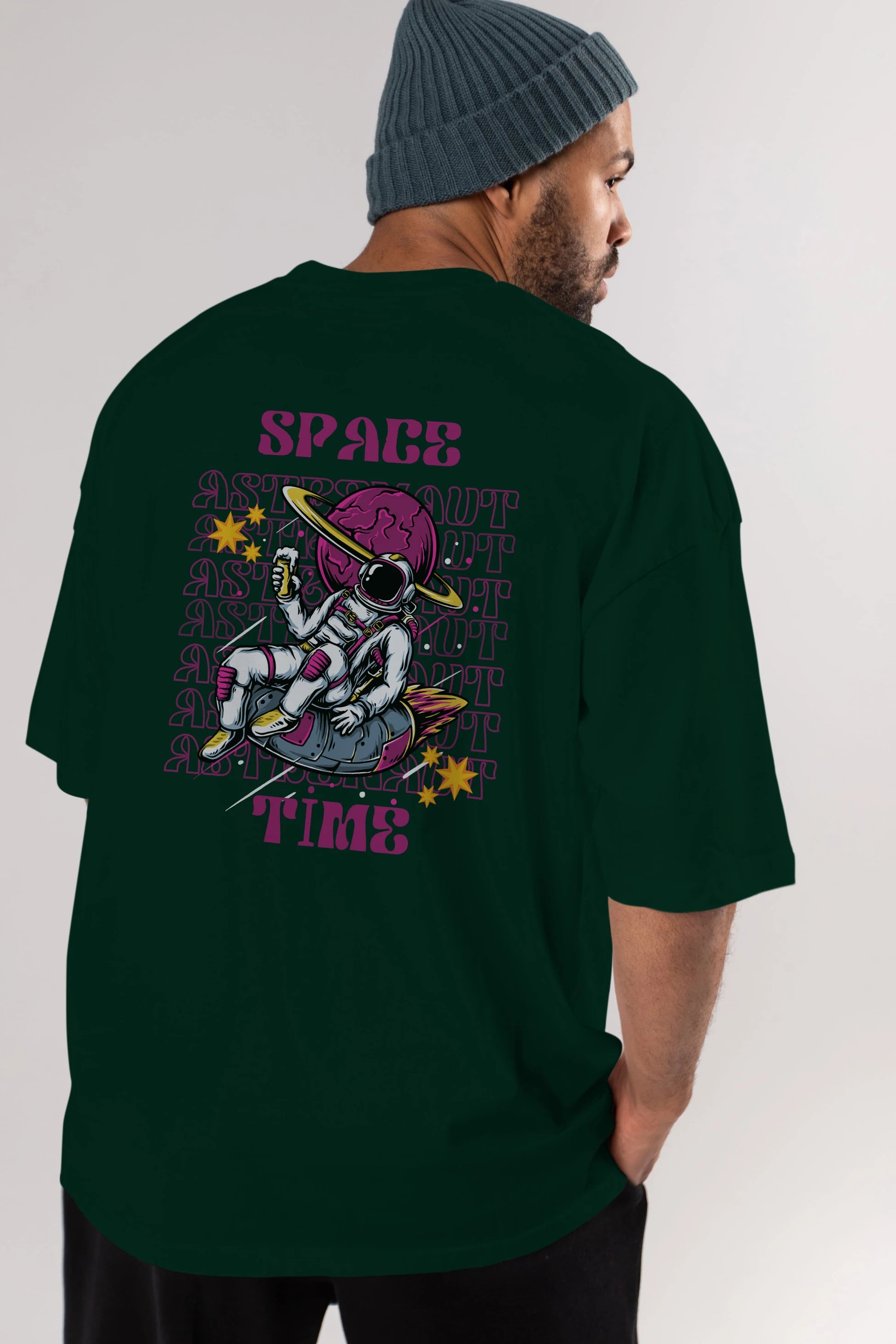 Space Time Astronaut Yazılı Arka Baskılı Oversize t-shirt Erkek Kadın Unisex