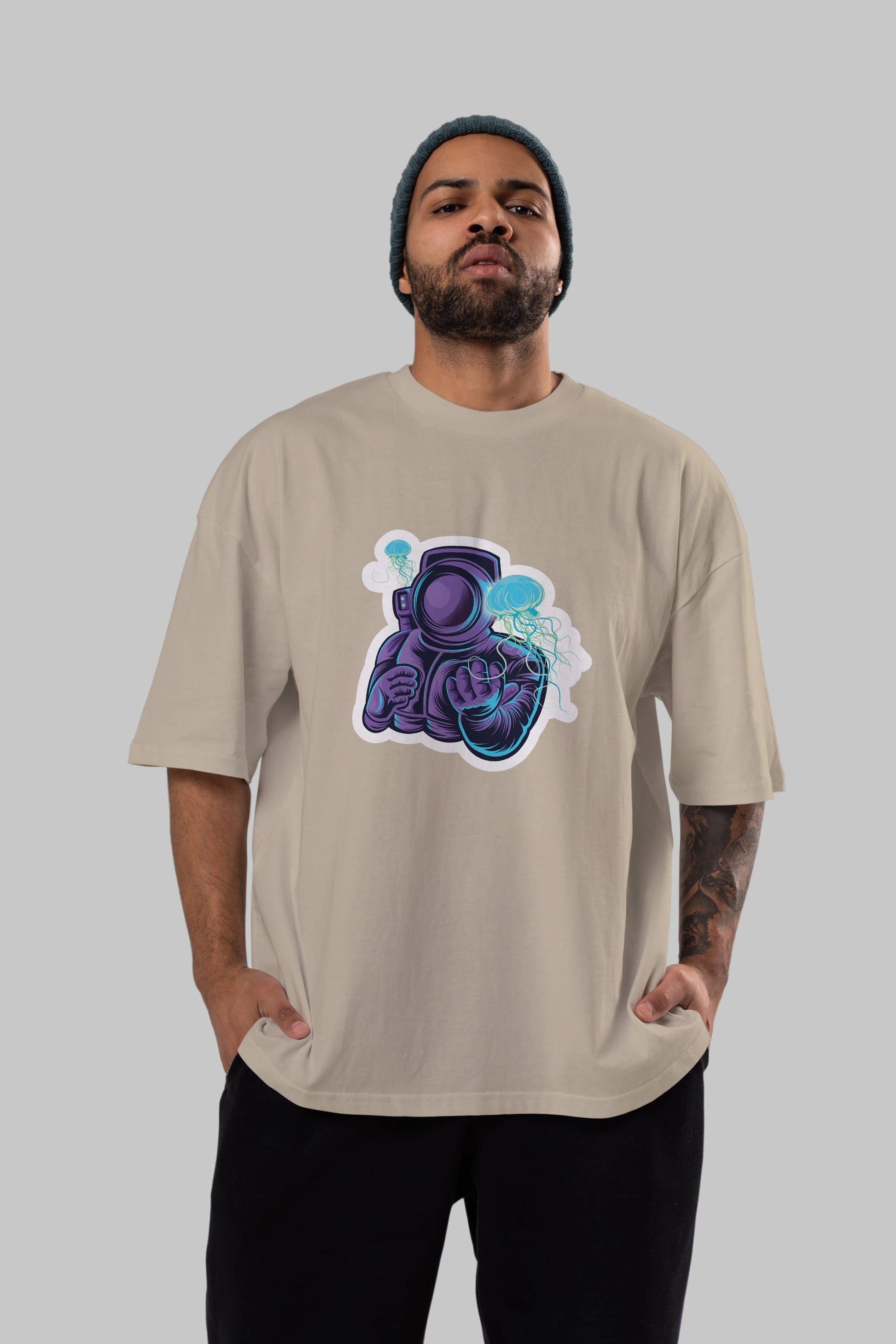 Astronaut and Jellyfish Sticker Ön Baskılı Oversize t-shirt Erkek Kadın Unisex