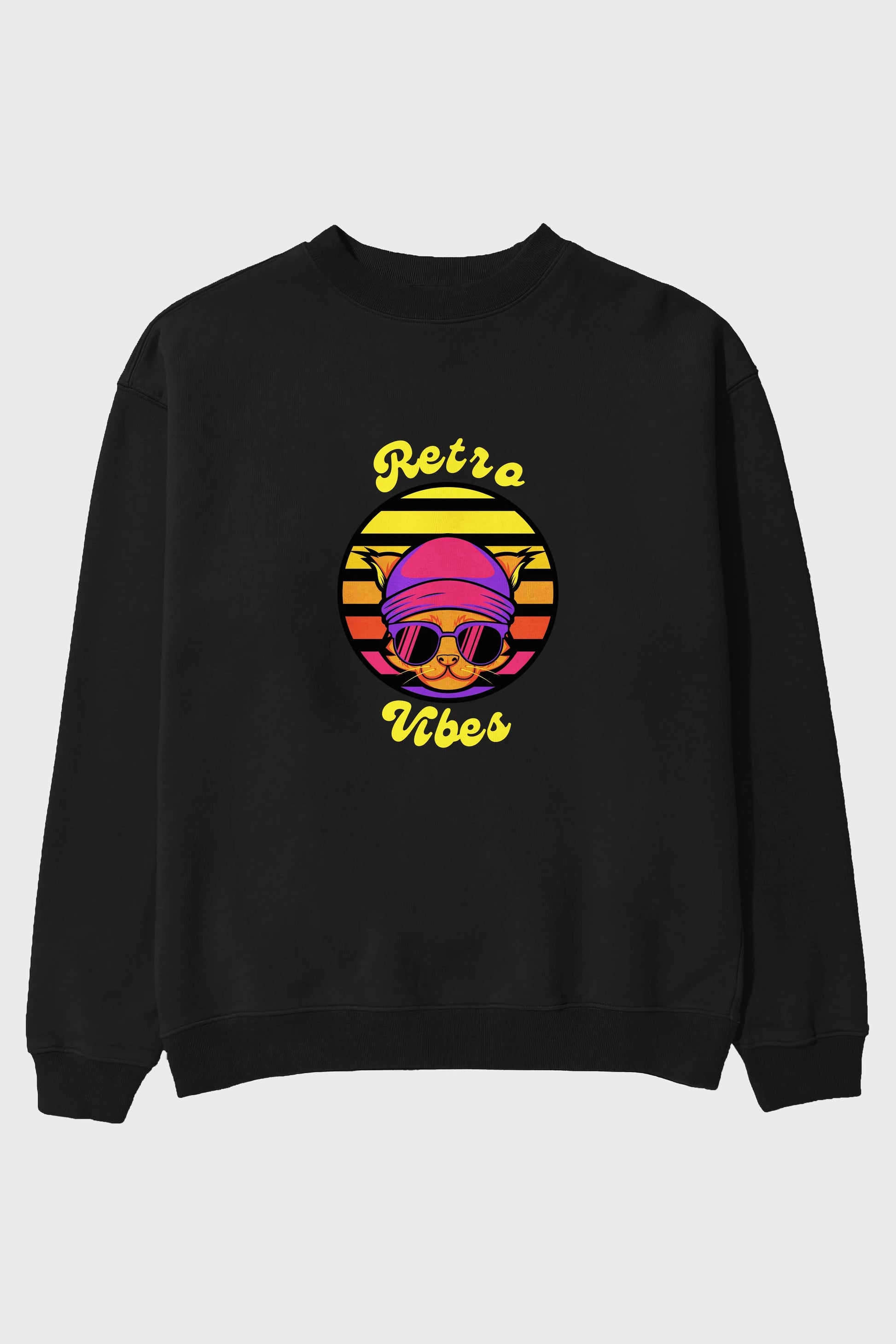 Cat Retro Vibes Ön Baskılı Oversize Sweatshirt Erkek Kadın Unisex