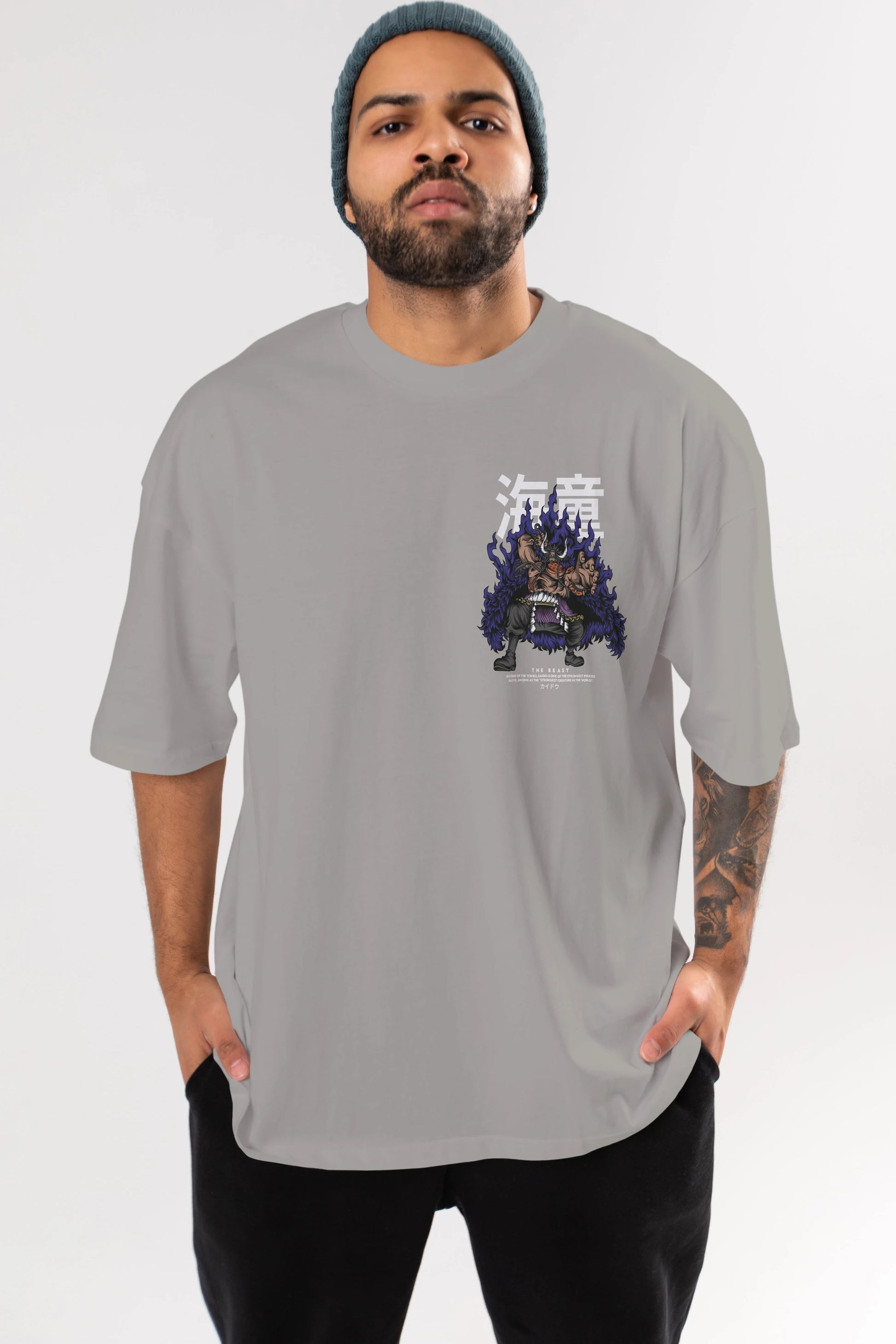 Kaido Ön Sol Baskılı Oversize t-shirt Erkek Kadın Unisex %100 Pamuk Bisiklet Yaka tişort