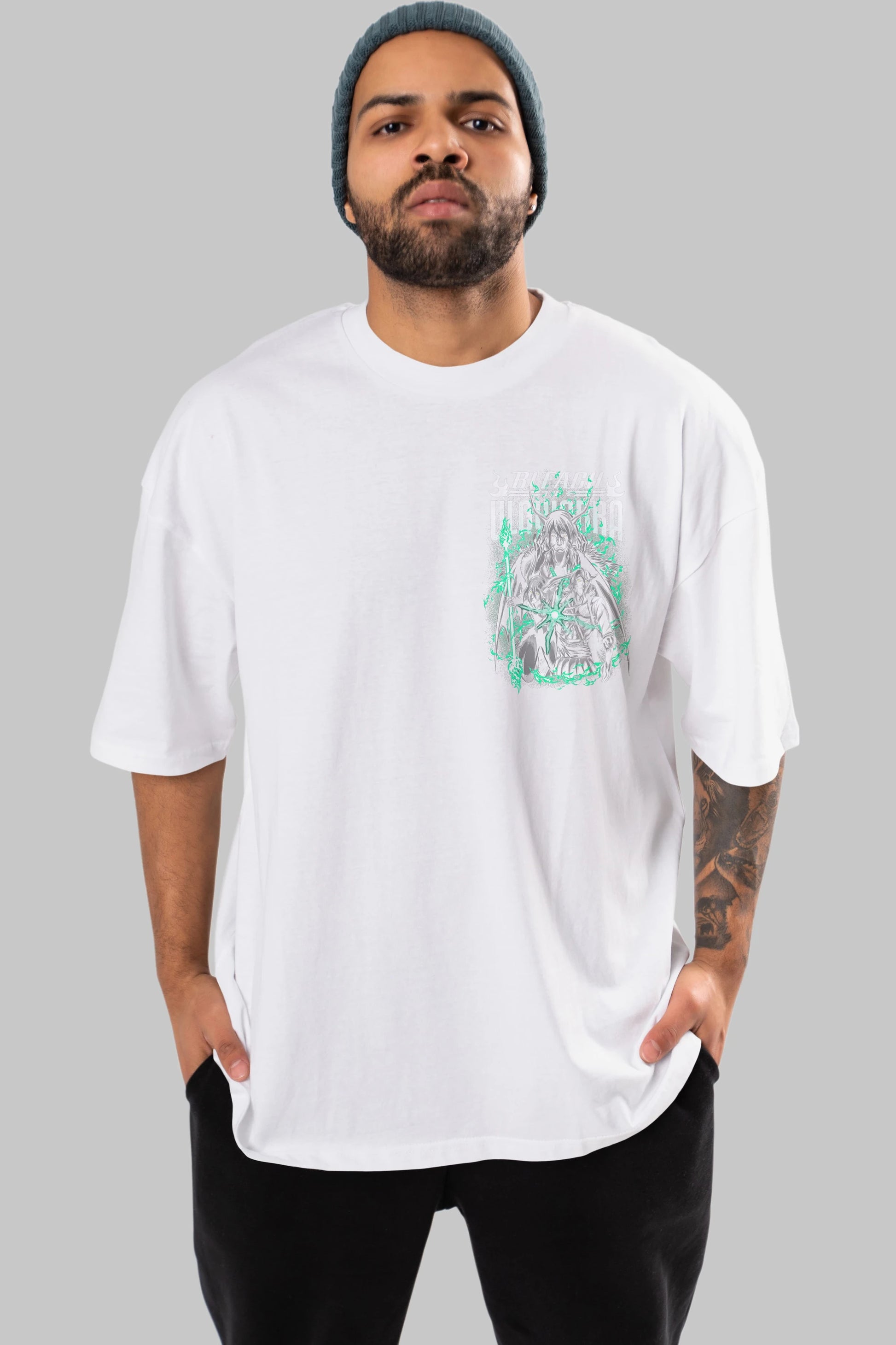 BLEACH(ULQUIARRA) Ön Sol Baskılı Oversize t-shirt Erkek Kadın Unisex %100 Pamuk Bisiklet Yaka tişort