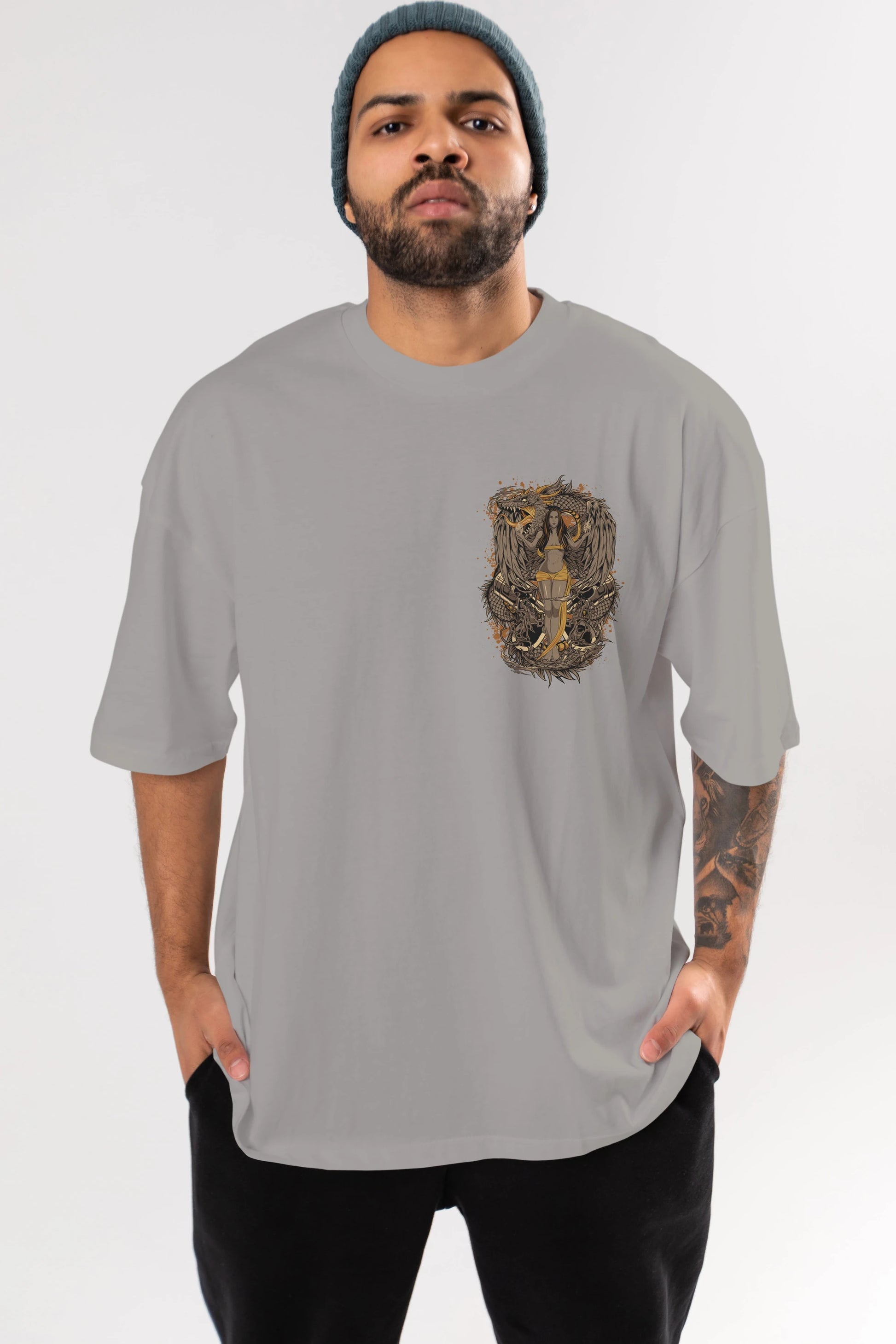 TRIBAL (3) Ön Sol Baskılı Oversize t-shirt Erkek Kadın Unisex %100 Pamuk Bisiklet Yaka tişort