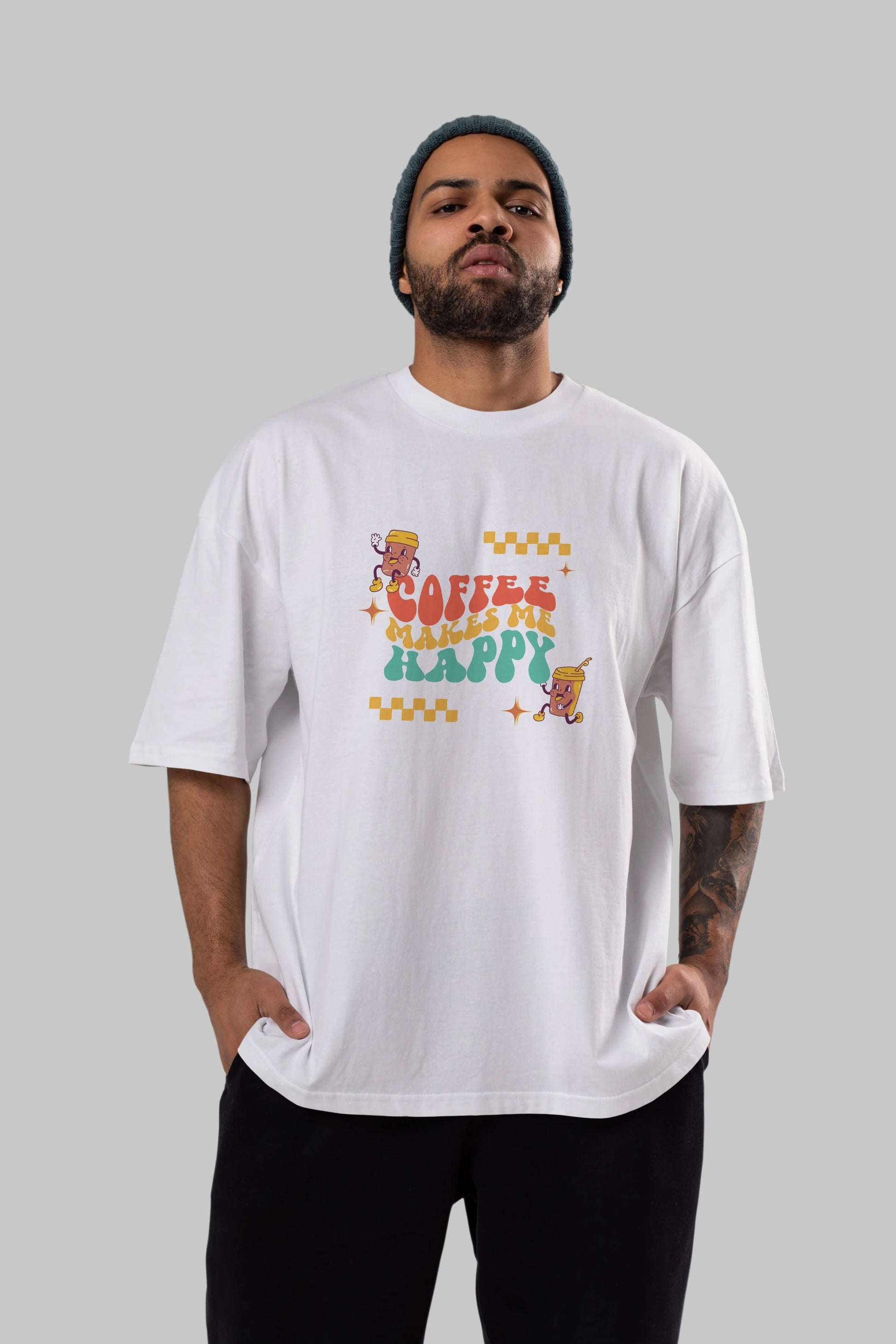Coffee Makes Me Happy Yazılı Ön Baskılı Oversize t-shirt Erkek Kadın Unisex