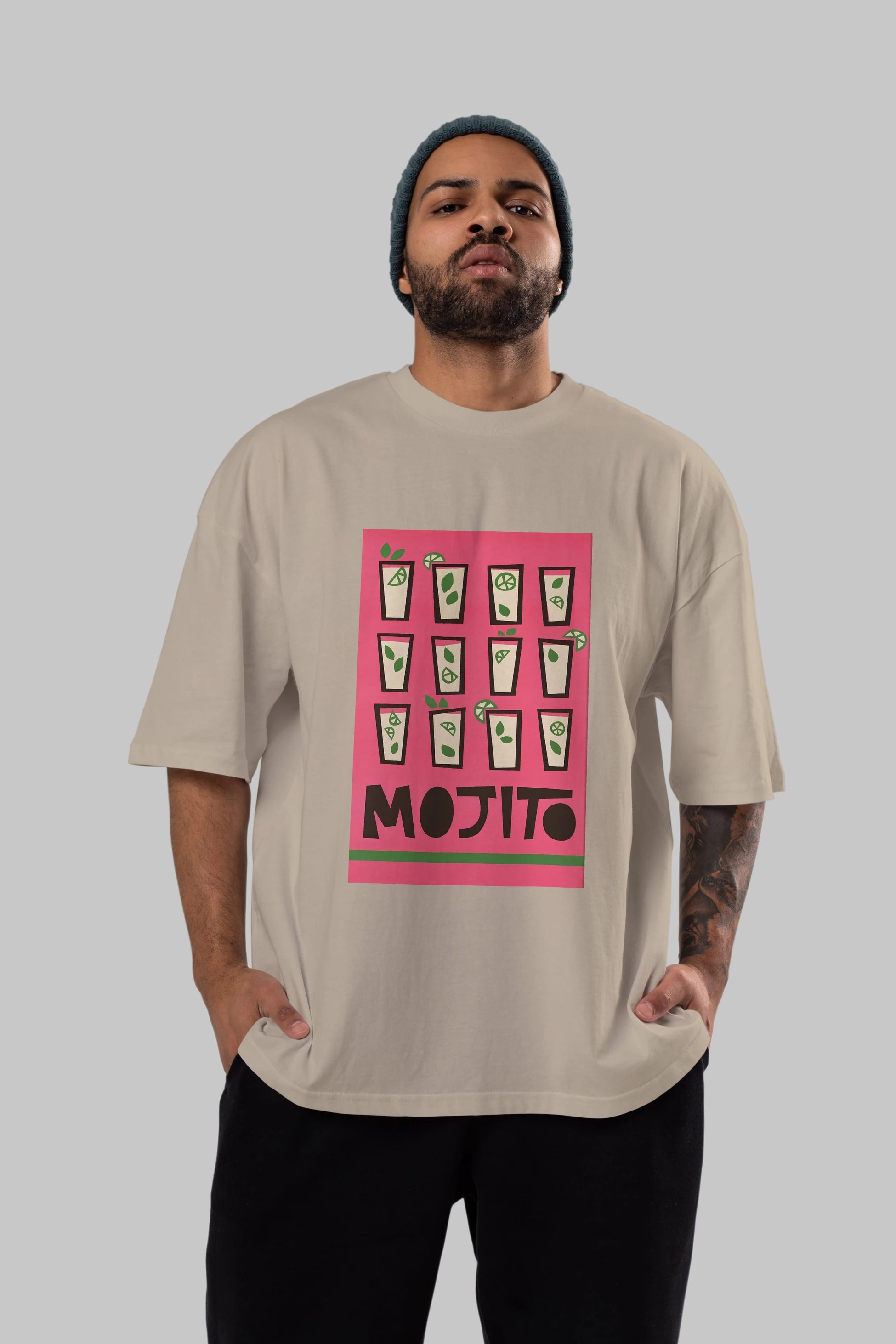 Mojito Ön Baskılı Oversize t-shirt Erkek Kadın Unisex %100 Pamuk Bisiklet Yaka tişort