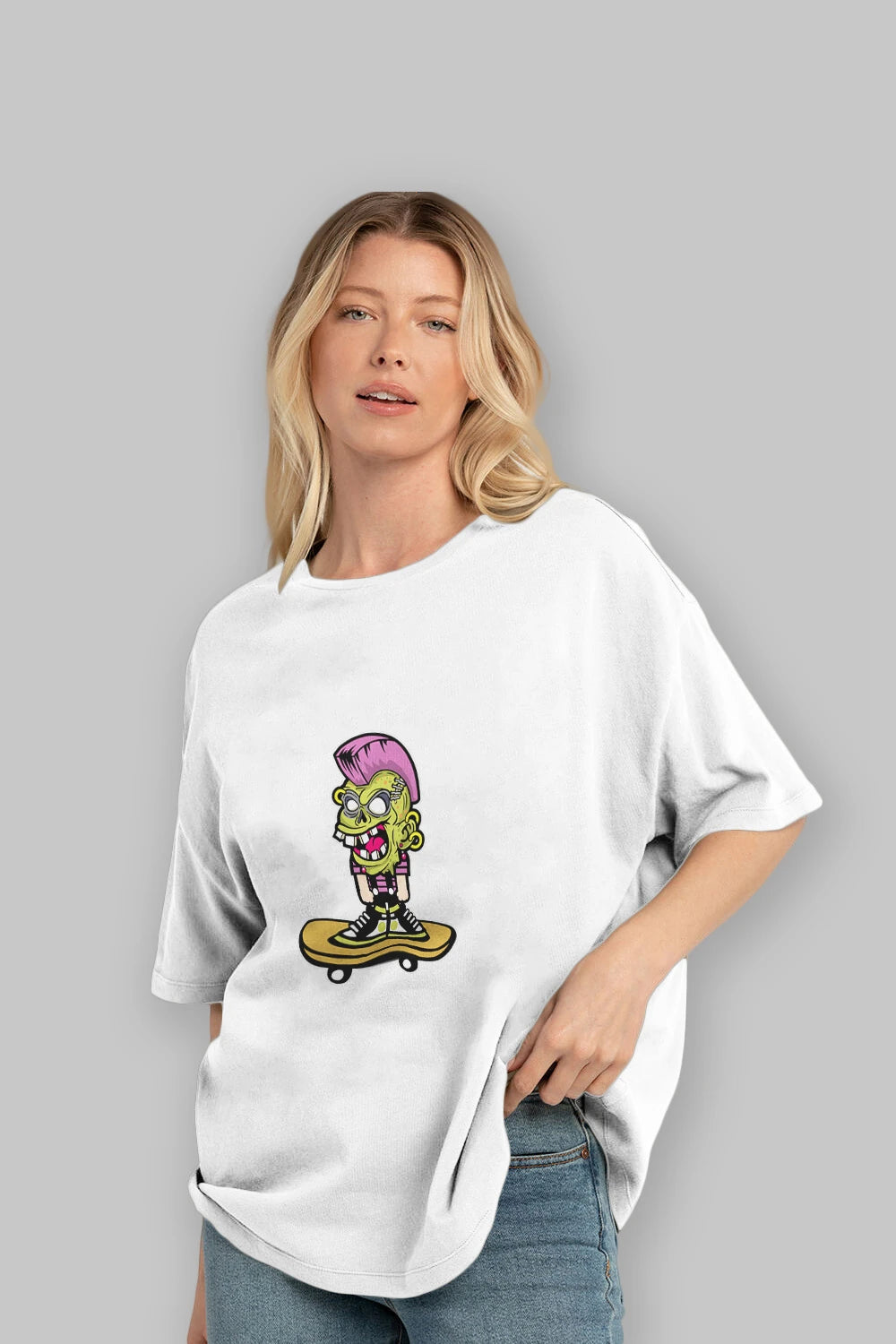 Zombie Punk Skater Ön Baskılı Oversize t-shirt Erkek Kadın Unisex %100 Pamuk tişort