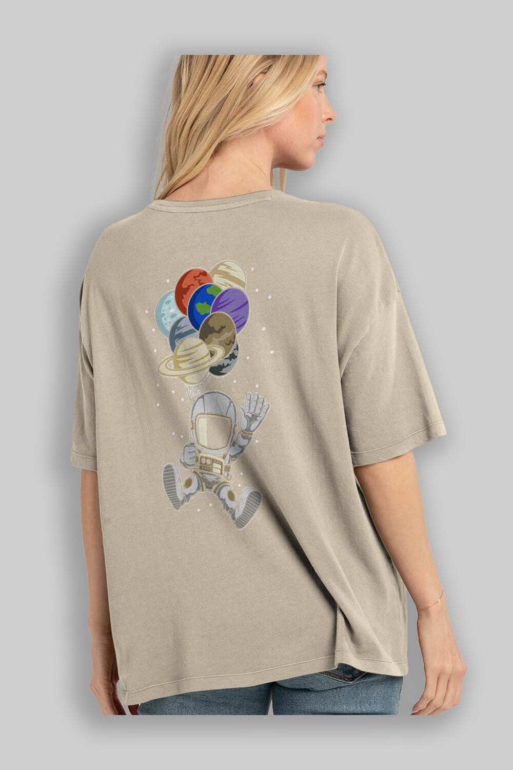 Astronaut Baloon Planets Arka Baskılı Oversize t-shirt Erkek Kadın Unisex