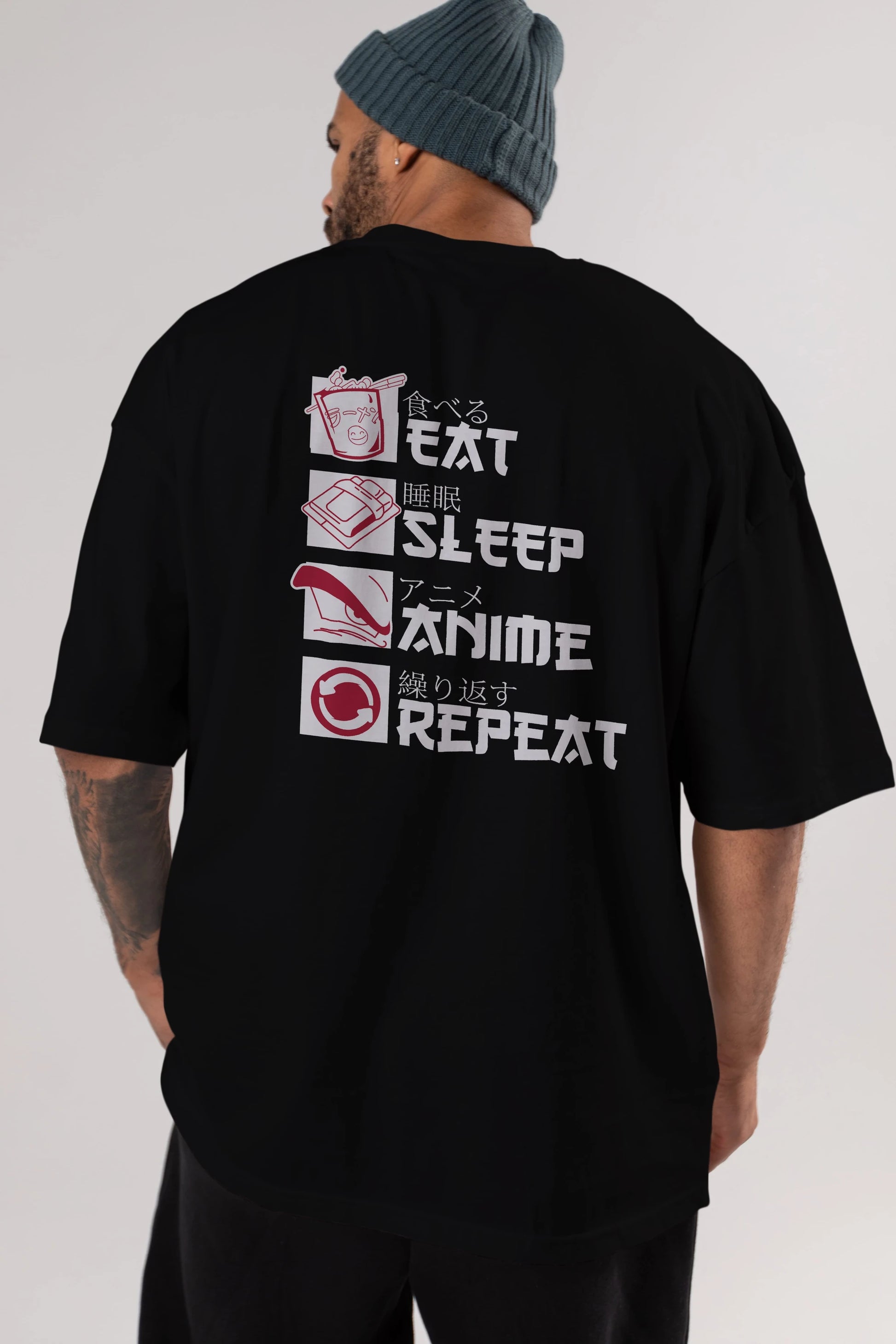 Eat, Sleep, Anime, Repeat Anime Arka Baskılı Oversize t-shirt Erkek Kadın Unisex