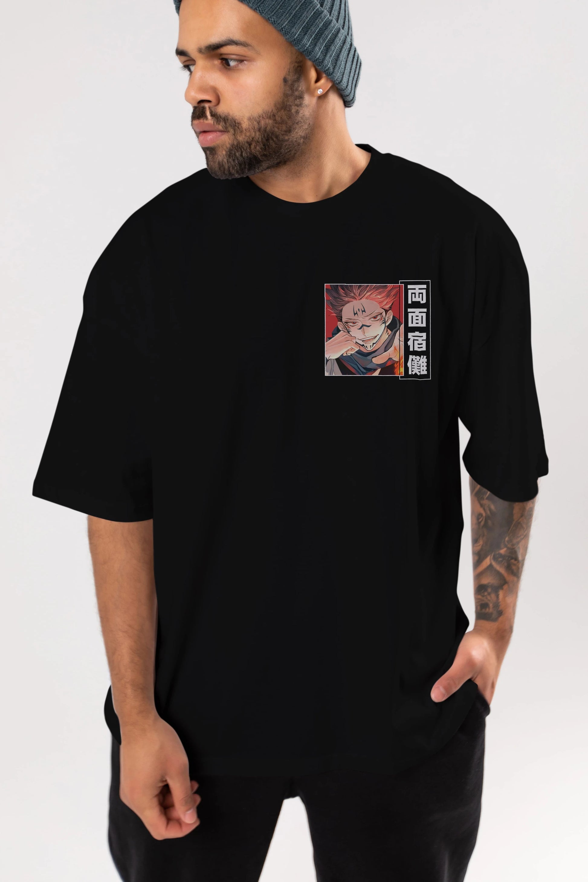 Sukuna Ryoumen 4 Ön Sol Baskılı Oversize t-shirt Erkek Kadın Unisex %100 Pamuk Bisiklet Yaka tişort