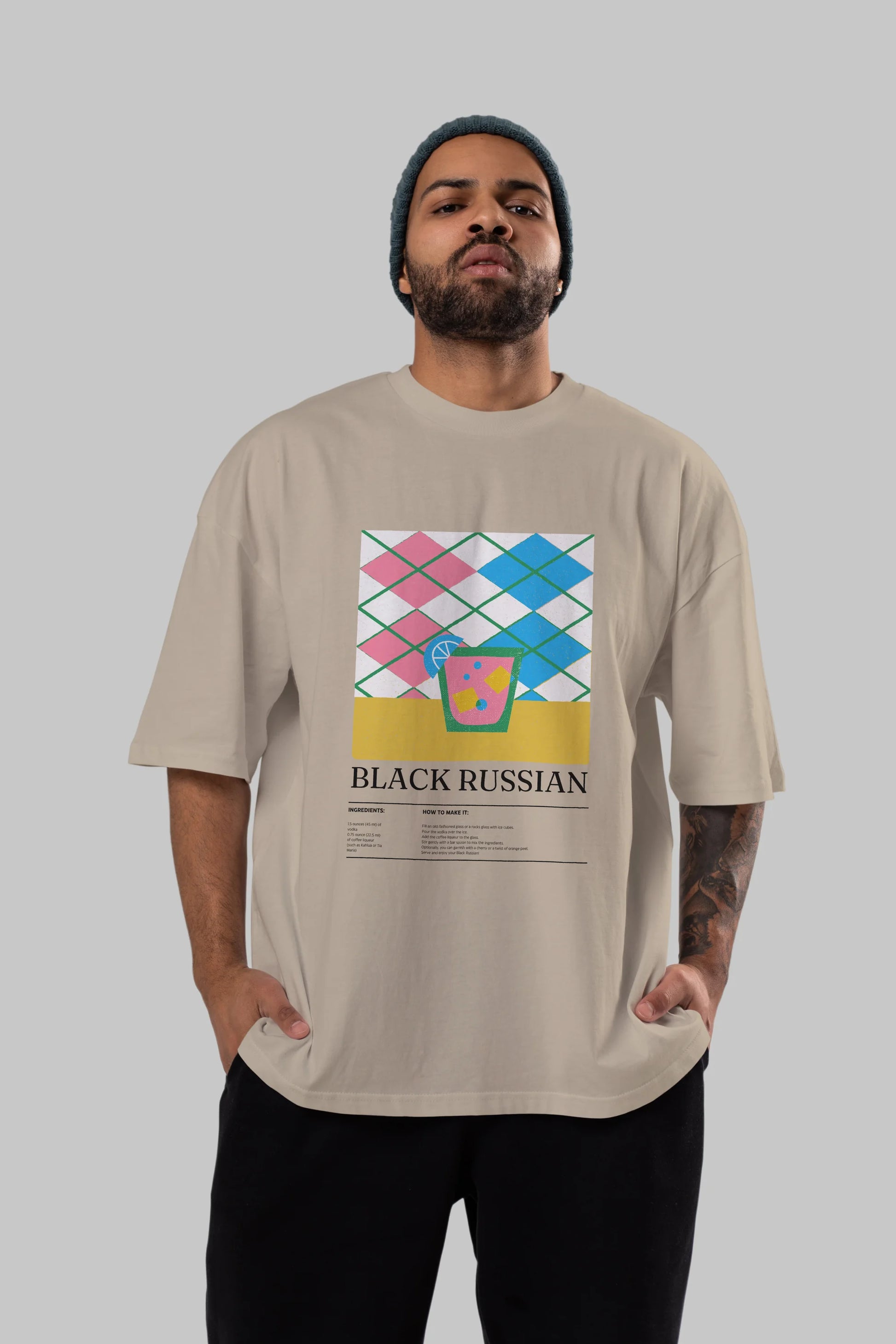 Black Russian Kokteyl Ön Baskılı Oversize t-shirt Erkek Kadın %100 Pamuk Bisiklet Yaka tişort