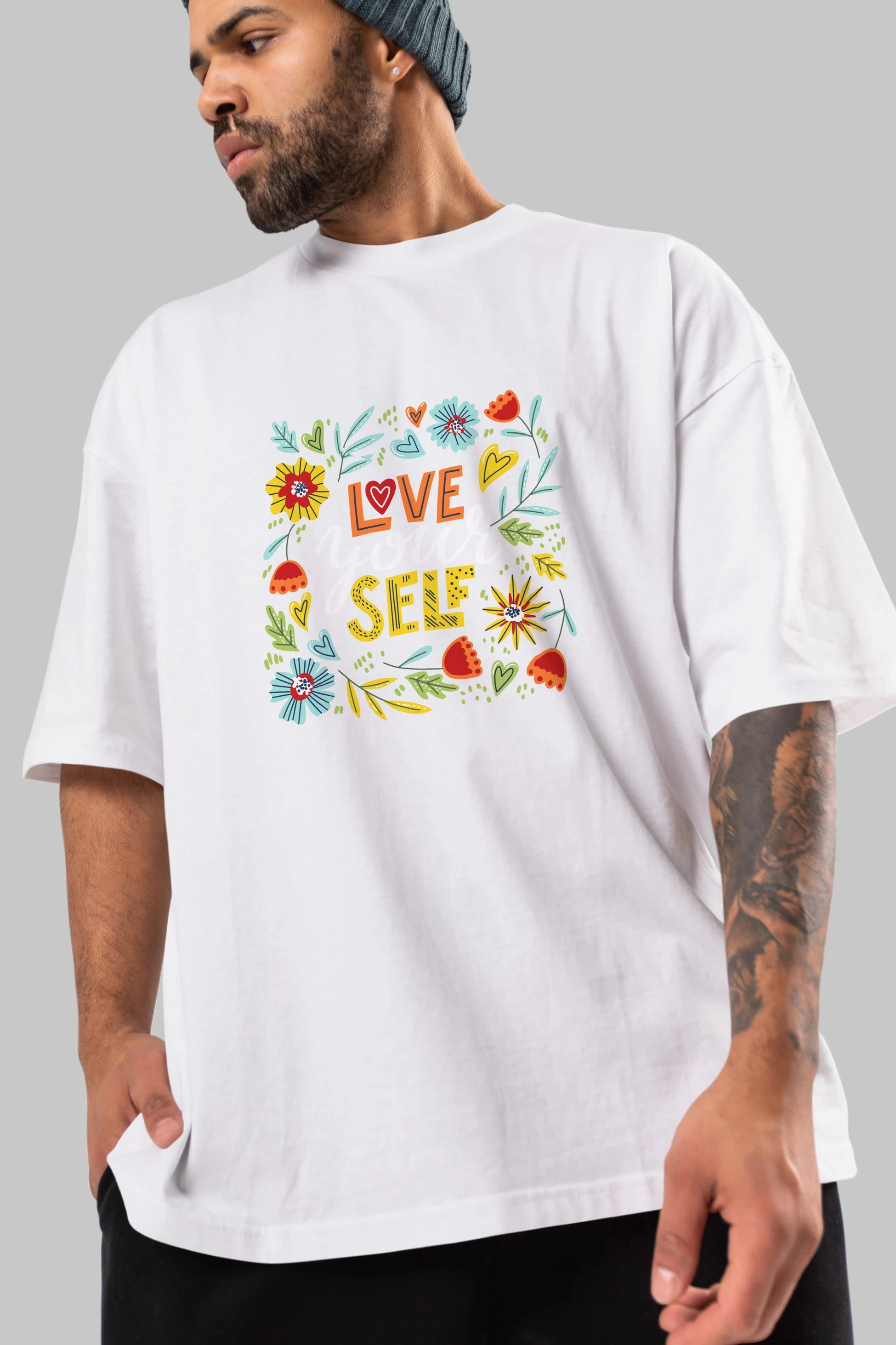Love Yourself Yazılı Ön Baskılı Oversize t-shirt Erkek Kadın Unisex