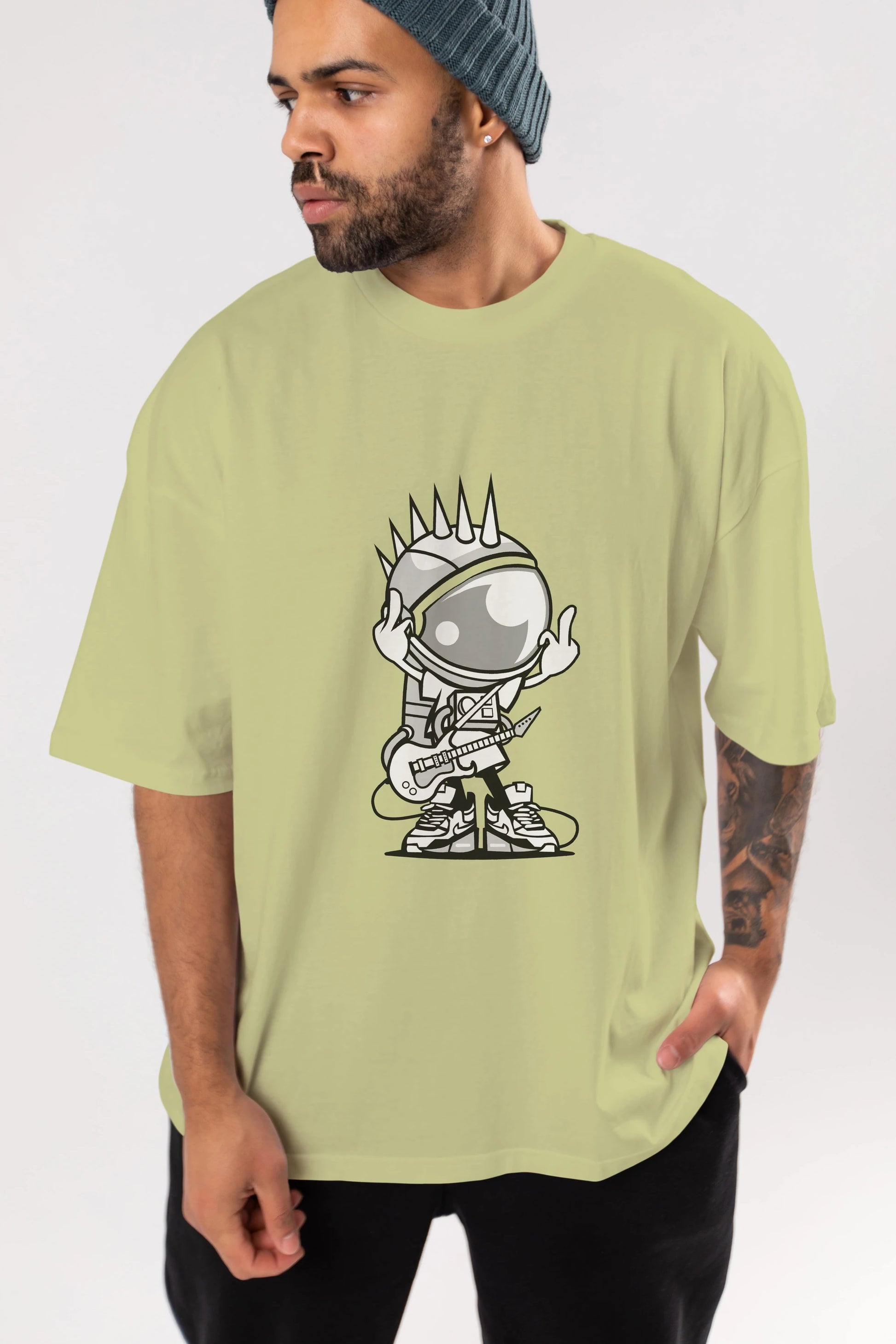 Astronaut Punk Rock Ön Baskılı Oversize t-shirt Erkek Kadın Unisex %100 Pamuk tişort
