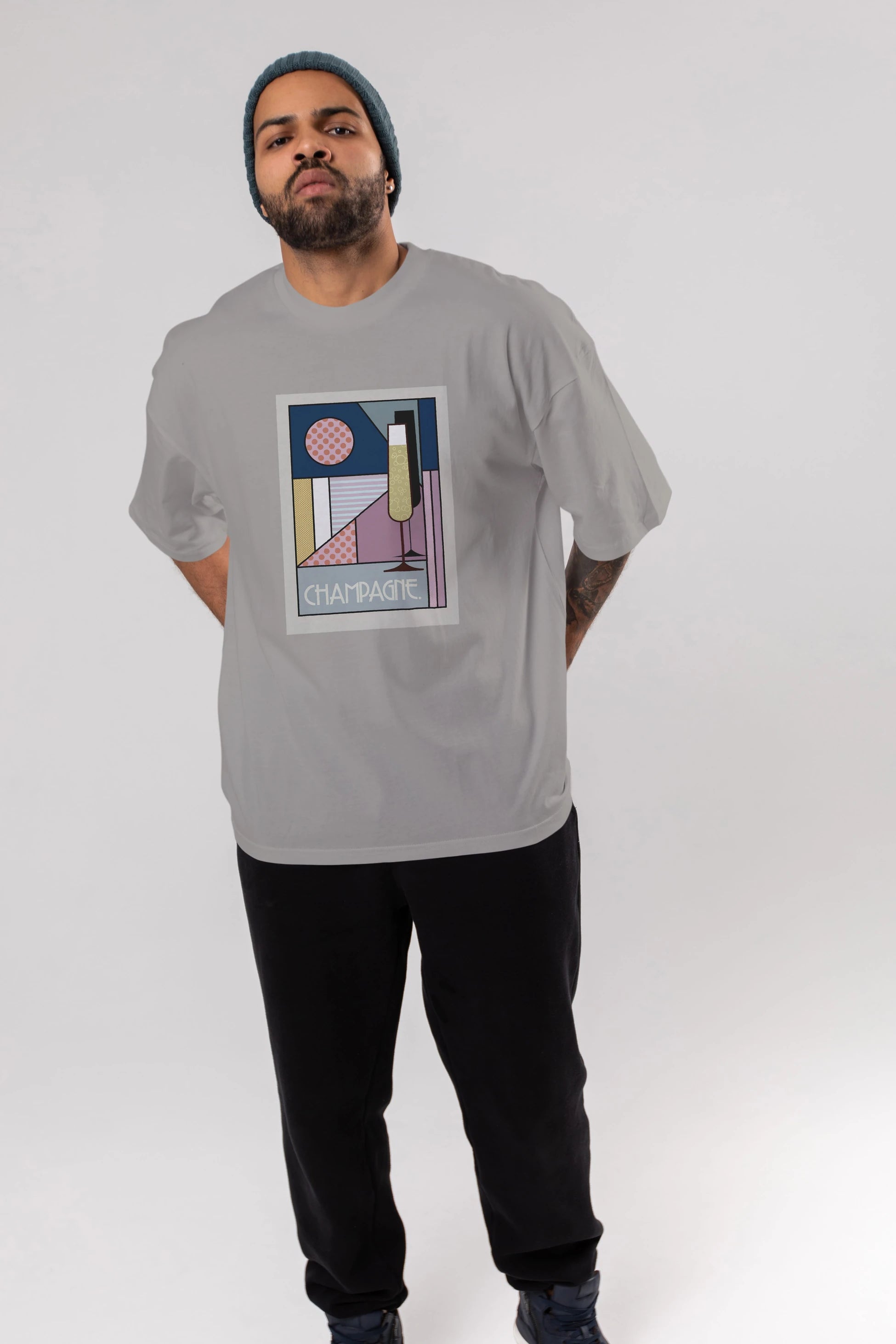 Champagne Ön Baskılı Oversize t-shirt Erkek Kadın Unisex %100 Pamuk Bisiklet Yaka tişort